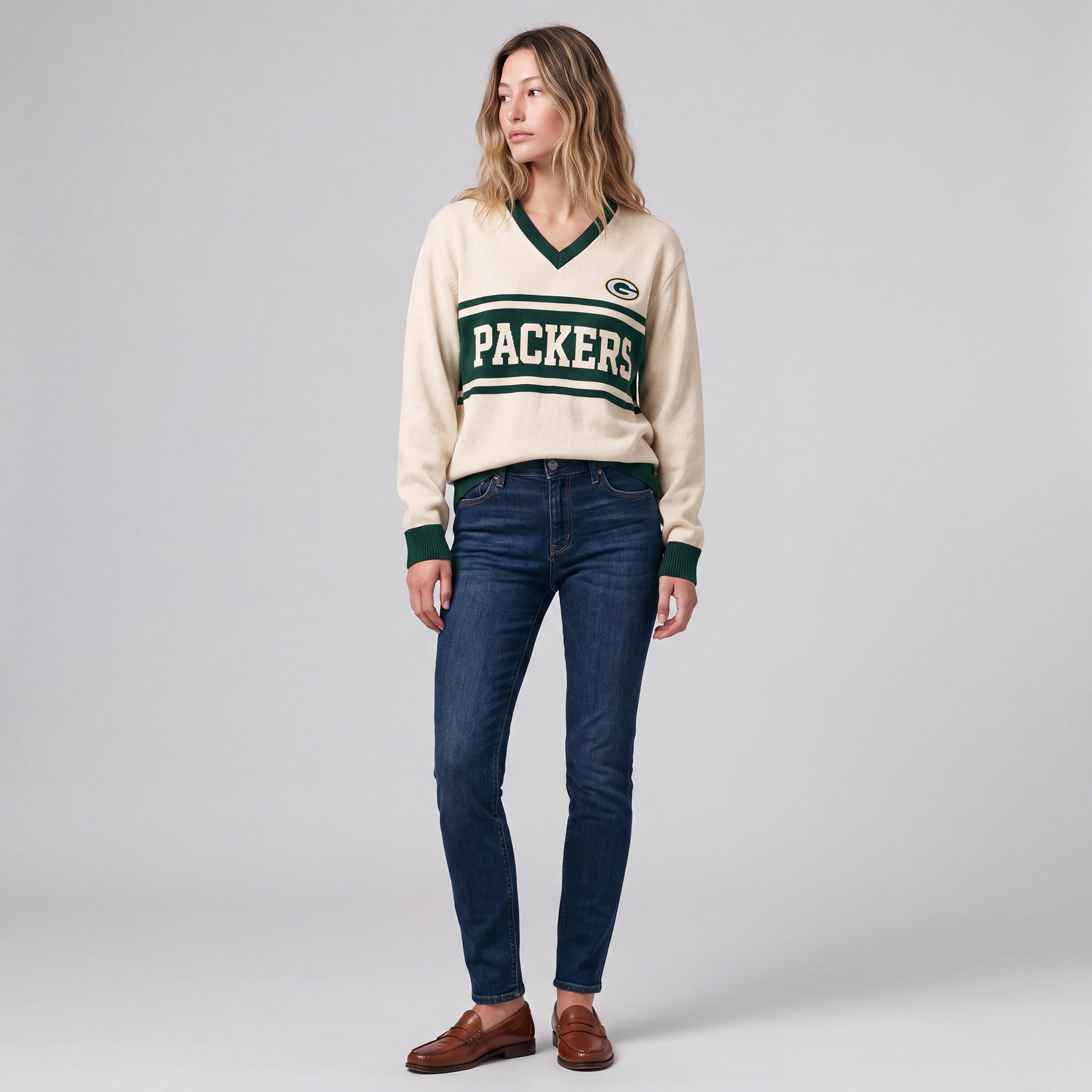 Pull col V Mitchell & Ness crème/vert Green Bay Packers Retro Roots pour femme