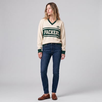 Green Bay Packers Mitchell & Ness Women's Retro Roots V-Neck Sweater - Cream/Green