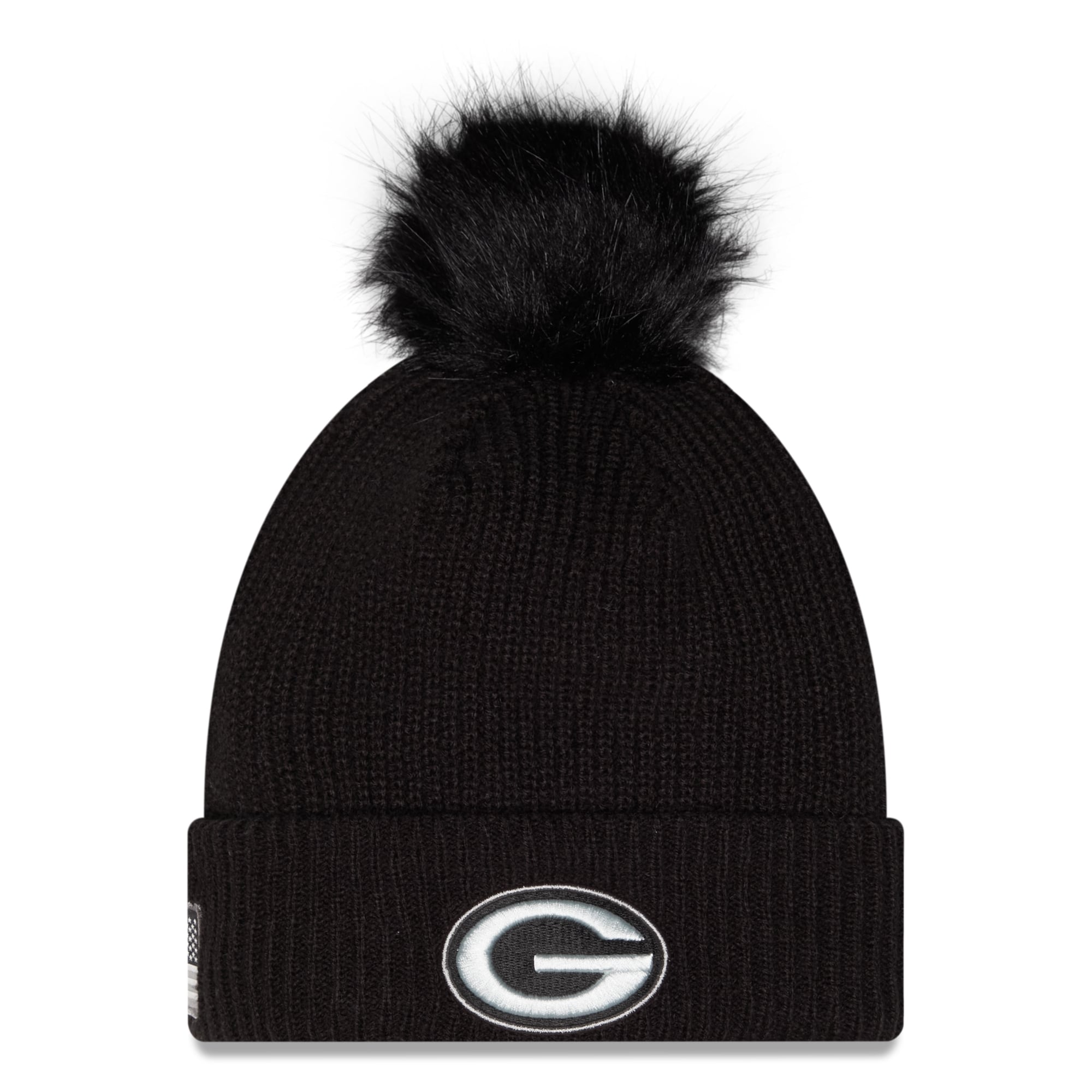 Bonnet à revers New Era noir Green Bay Packers 2026 Salute To Service pour femme, avec pompon