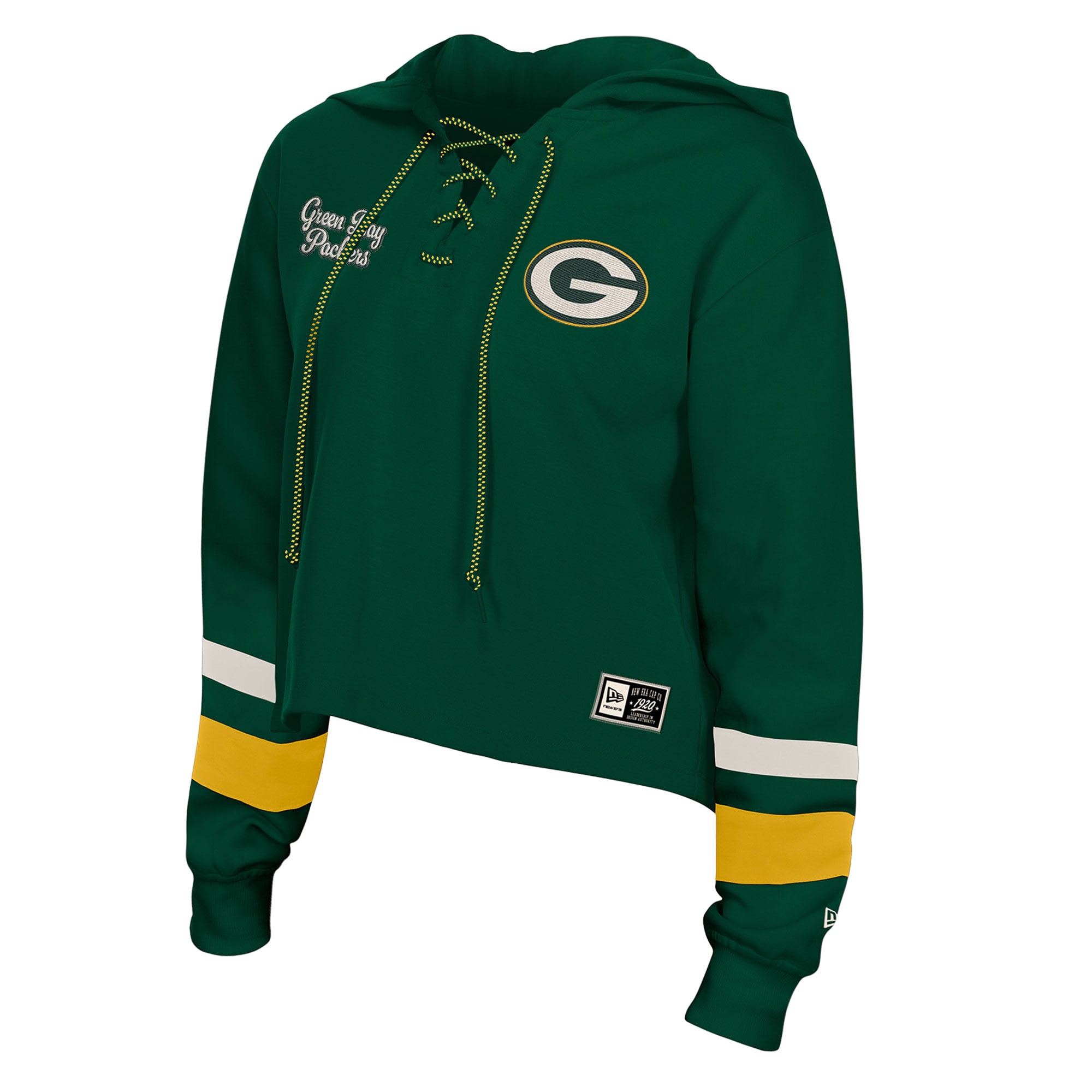 Sweat à capuche rétro lacets vert foncé New Era pour femme, Green Bay Packers