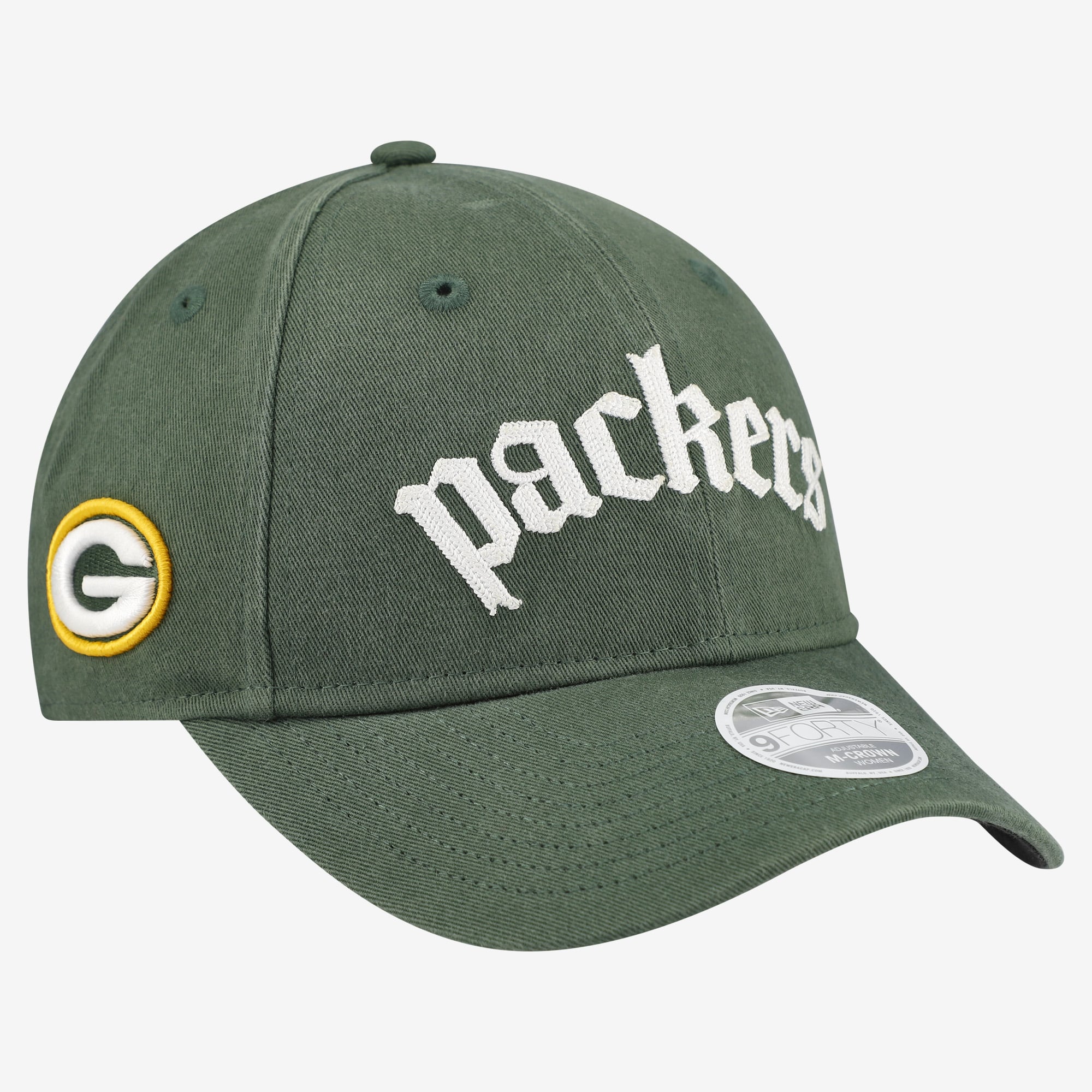 Casquette ajustable New Era Green Bay Packers 9FORTY M-Crown pour femme, verte, police gothique