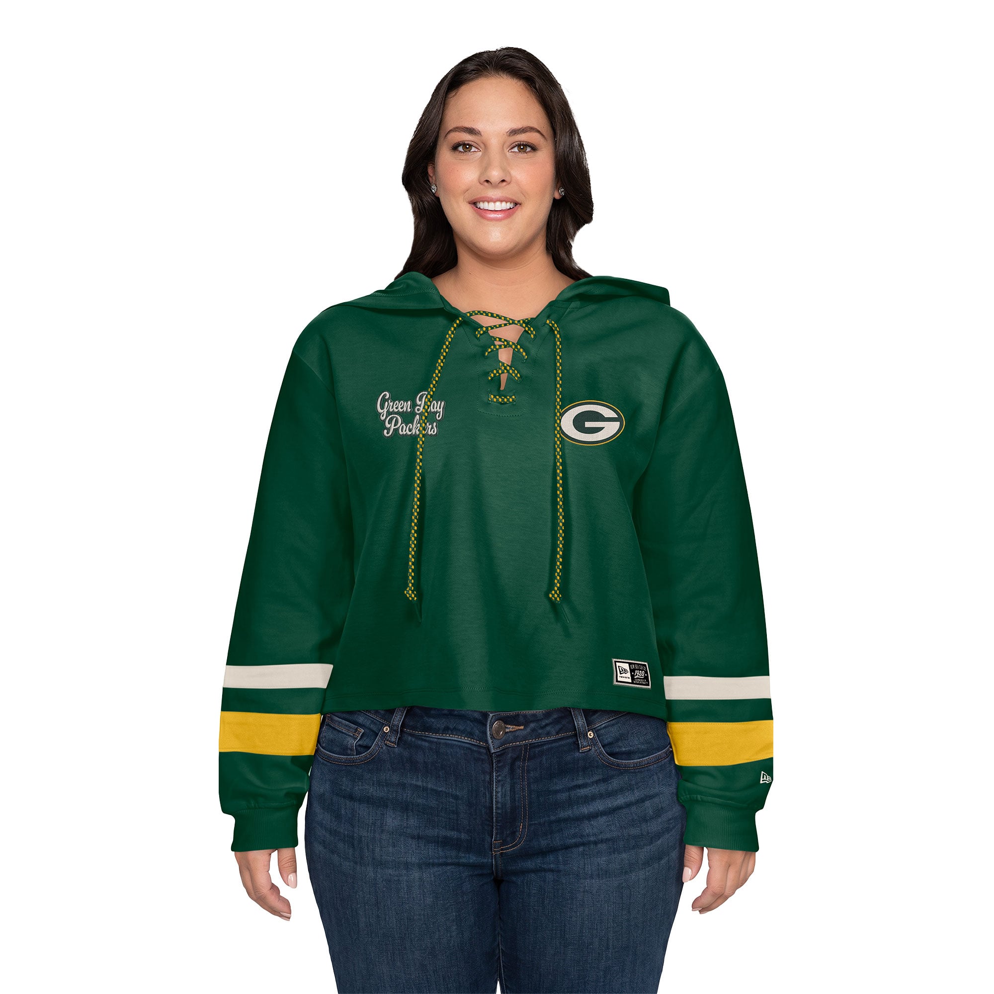Sweat à capuche court lacets New Era Green Bay Packers grande taille pour femme