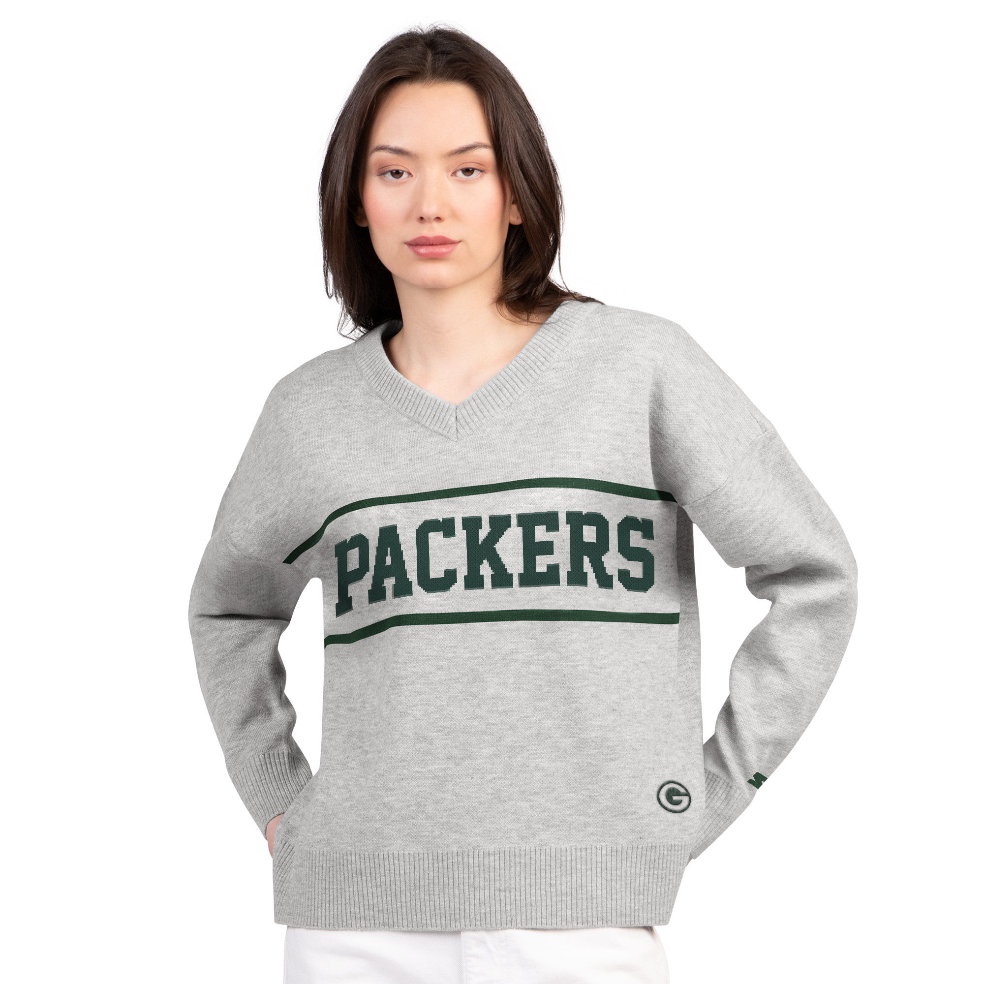 Pull à col en V Starter gris pour femme, Green Bay Packers Best Shot
