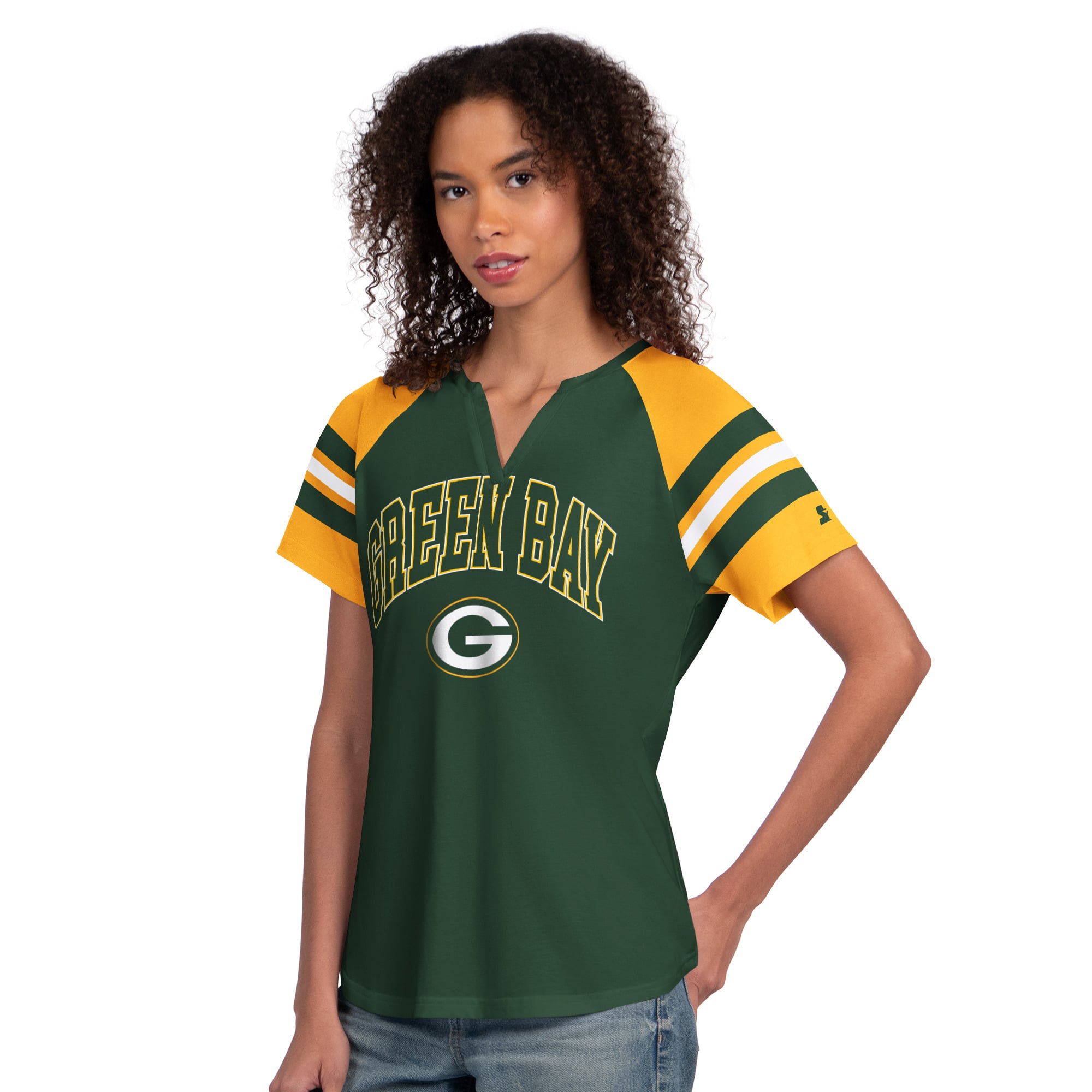 T-shirt raglan à col cranté Starter Green Bay Packers pour femmes