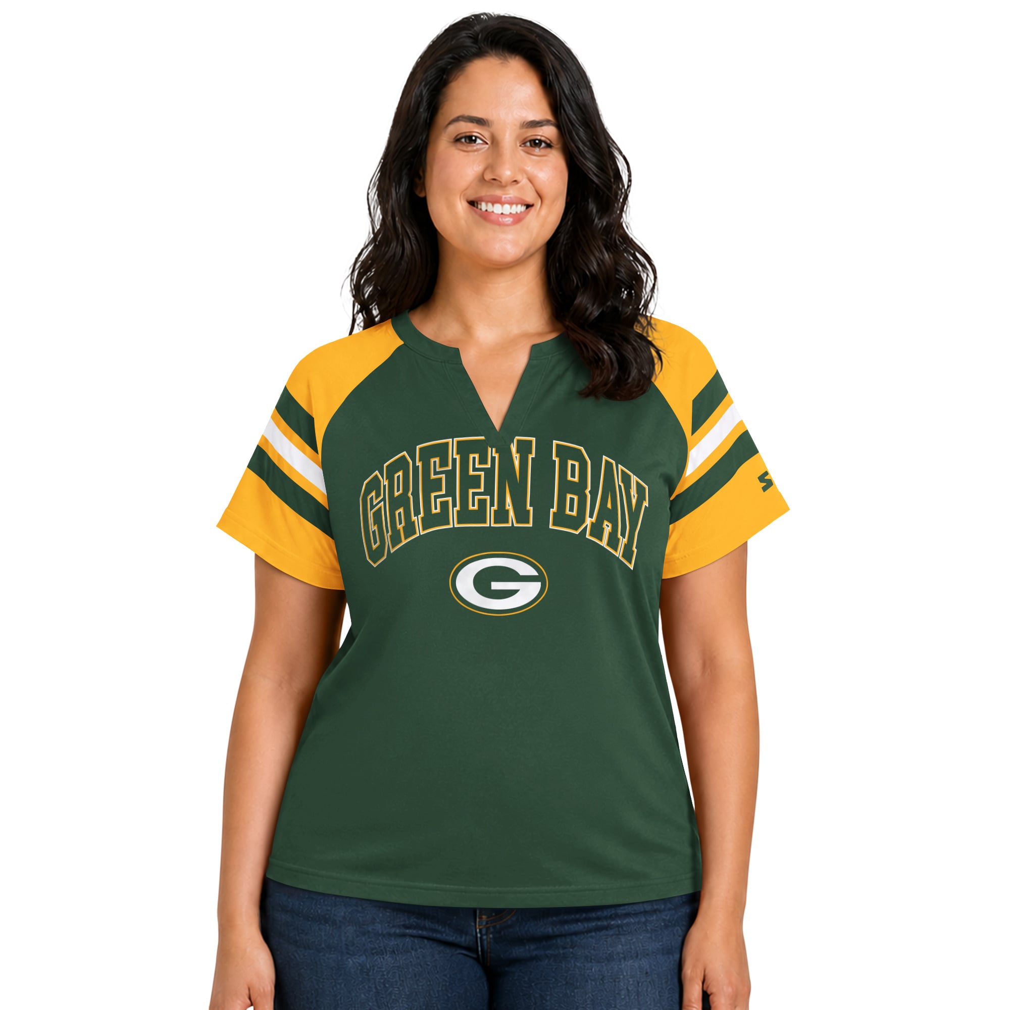 T-shirt raglan à col cranté Green Bay Packers grande taille pour femme