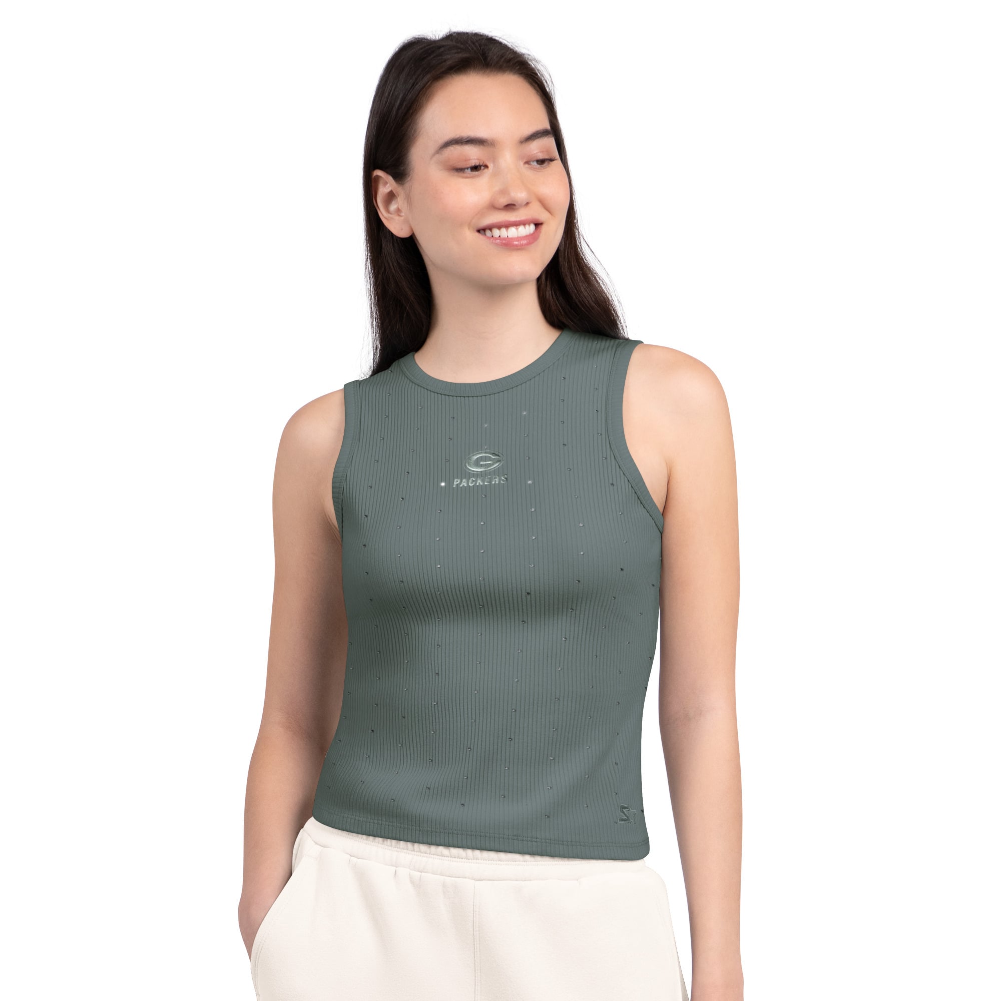 Débardeur côtelé Starter Tan Green Bay Packers pour femme, orné de strass