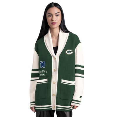 Green Bay Packers Starter Women's Strike Zone Shawl-Collar Button-Up Cardigan - Green