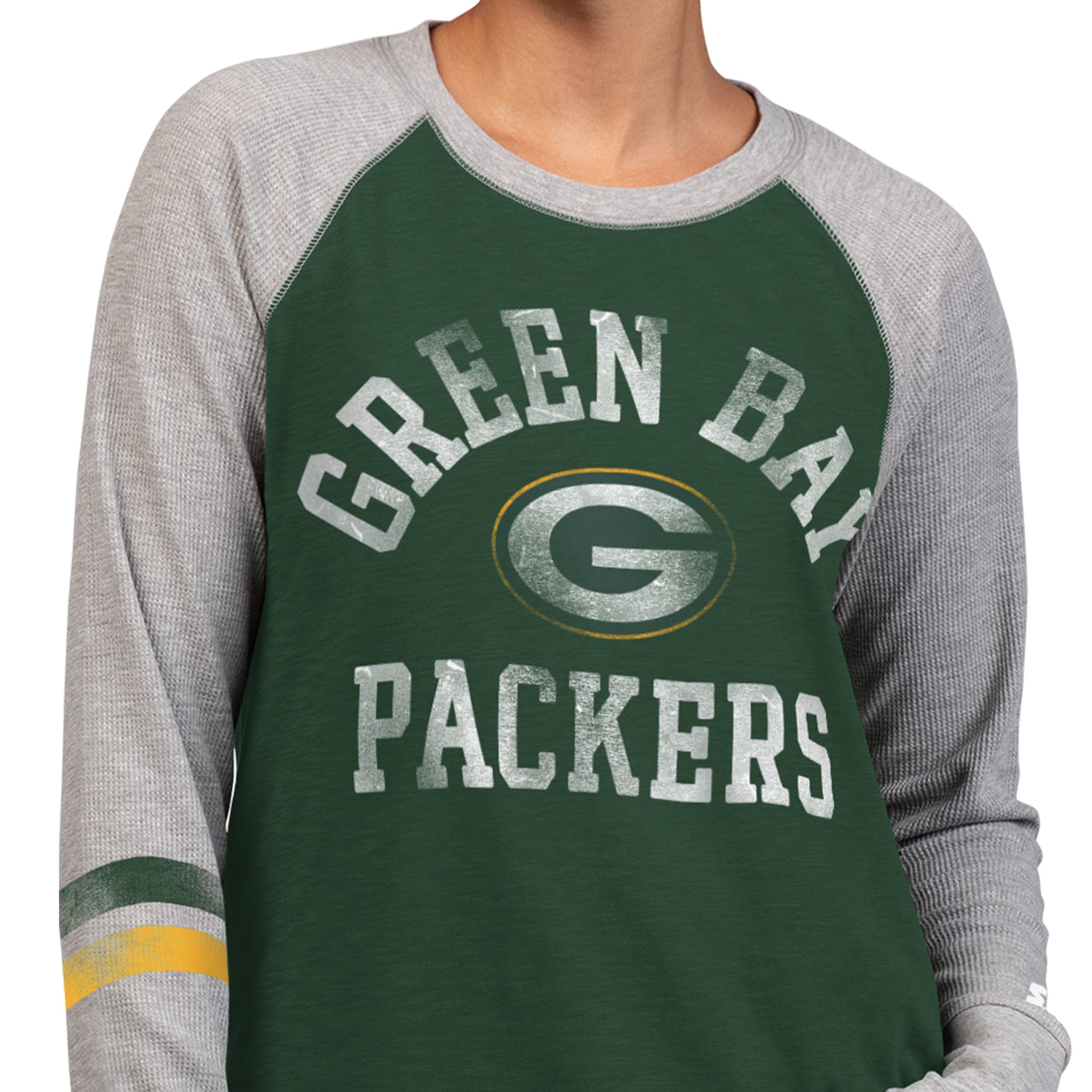 T-shirt à manches longues raglan en maille gaufrée Starter vert/gris Green Bay Packers pour femmes