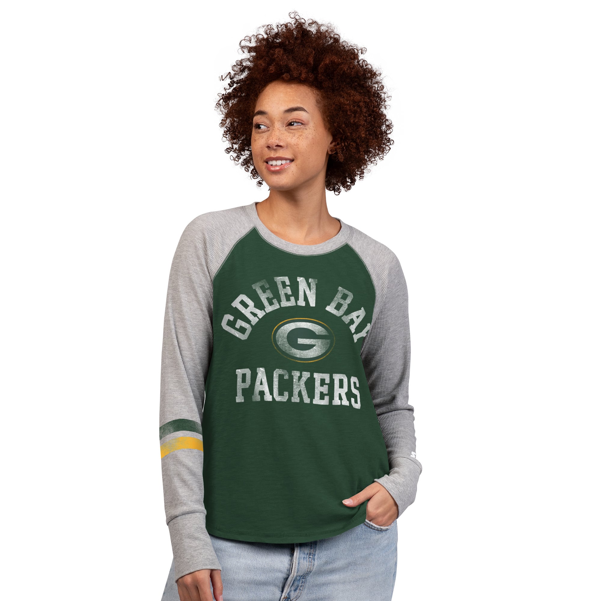 T-shirt à manches longues raglan en maille gaufrée Starter vert/gris Green Bay Packers pour femmes