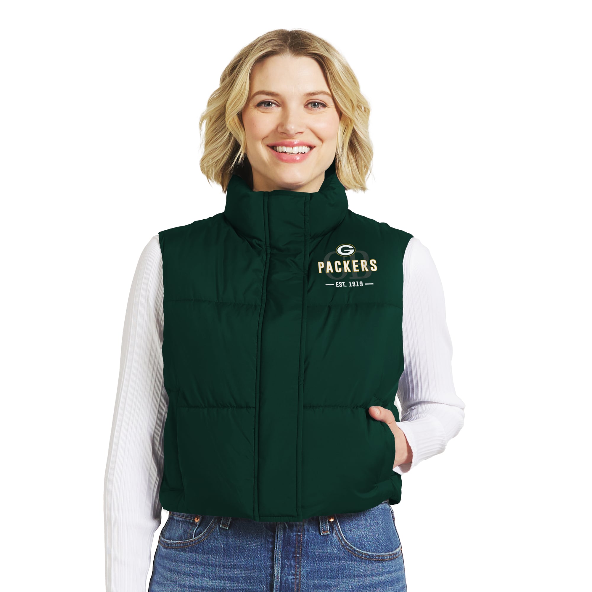 Gilet matelassé court zippé vert Green Bay Packers pour femme, par Erin Andrews WEAR by