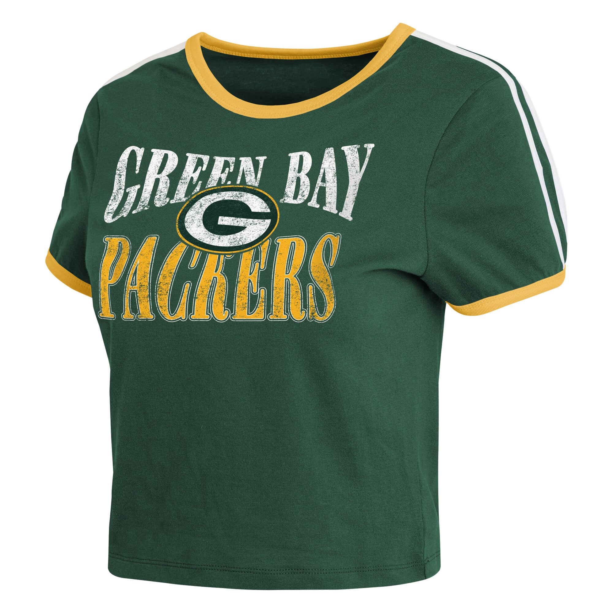 Women's WEAR by Erin Andrews Green Bay Packers Cropped Throwback Ringer Baby T-Shirt