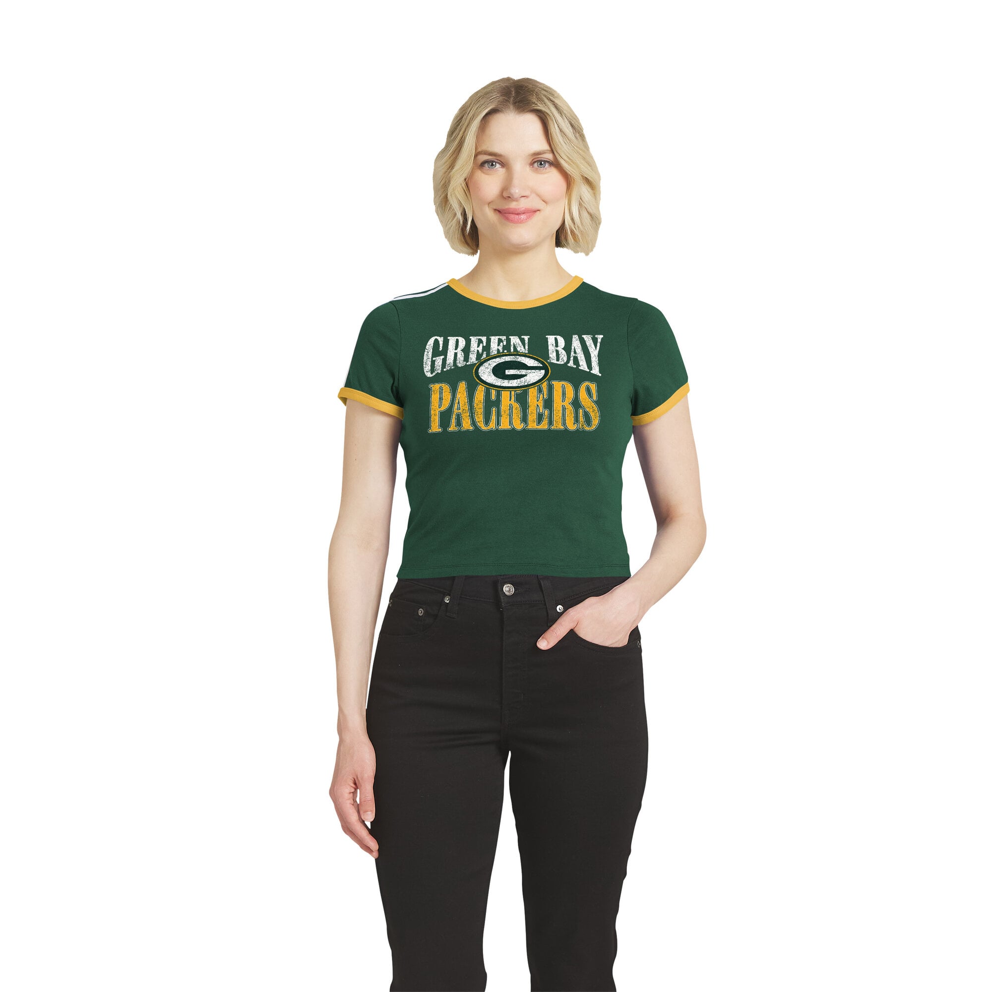 Women's WEAR by Erin Andrews Green Bay Packers Cropped Throwback Ringer Baby T-Shirt