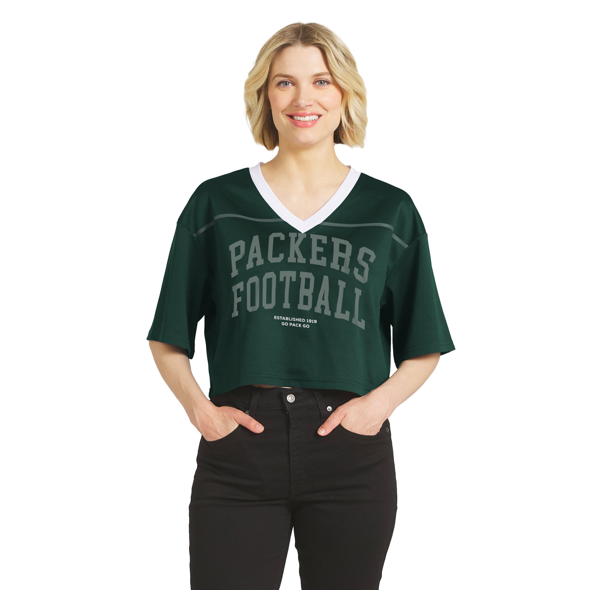 Women's WEAR by Erin Andrews Green Bay Packers Cropped V-Neck Jersey T-Shirt