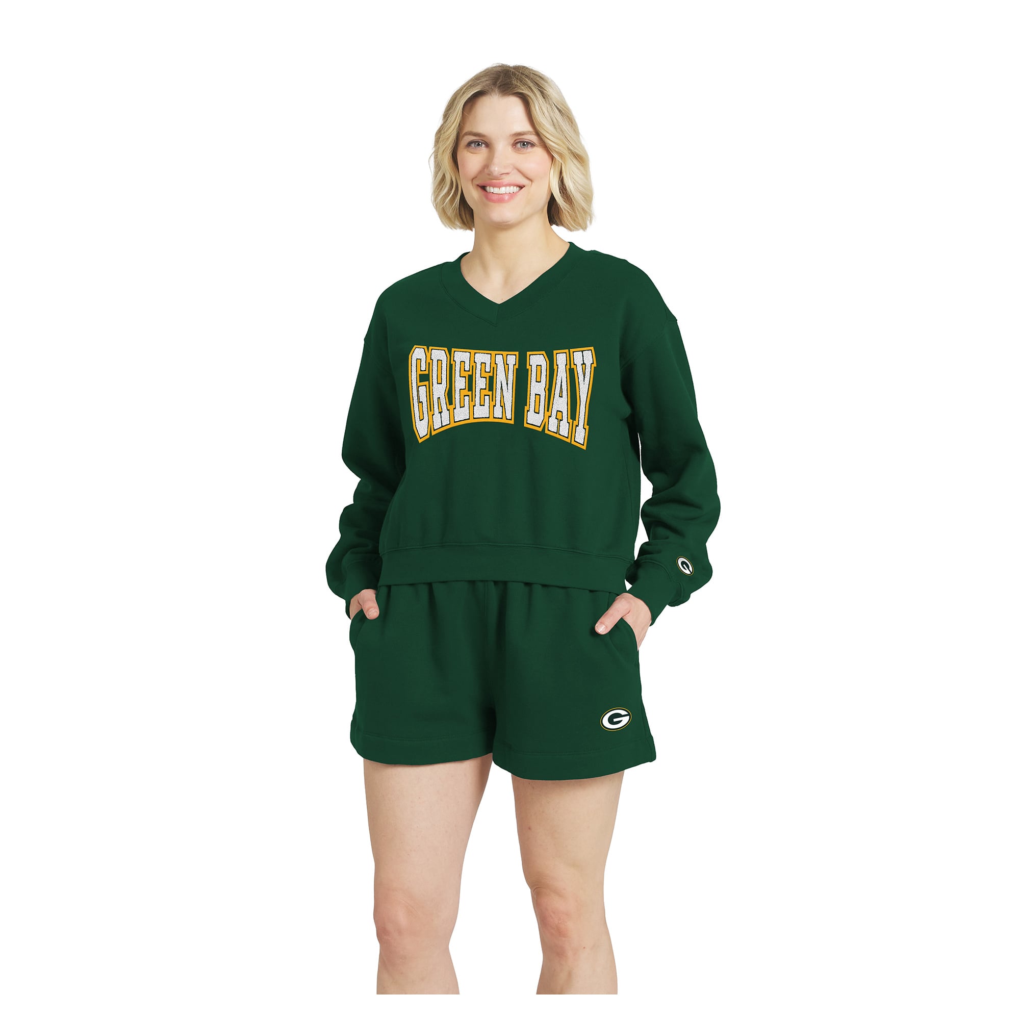 Women's WEAR by Erin Andrews Green Bay Packers Fleece V-Neck Lounge Set