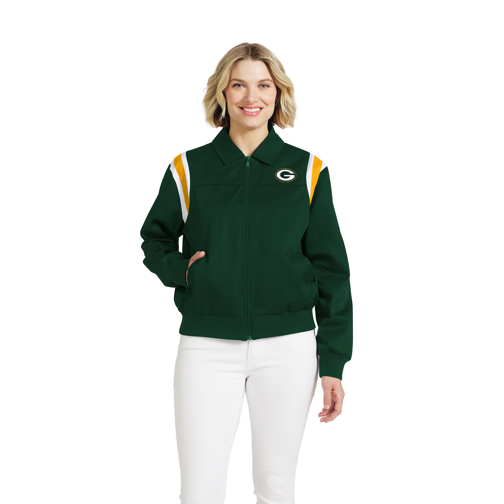 Veste zippée intégrale en sergé à rayures sur les épaules, style Green Bay Packers, par WEAR by Erin Andrews, pour femme