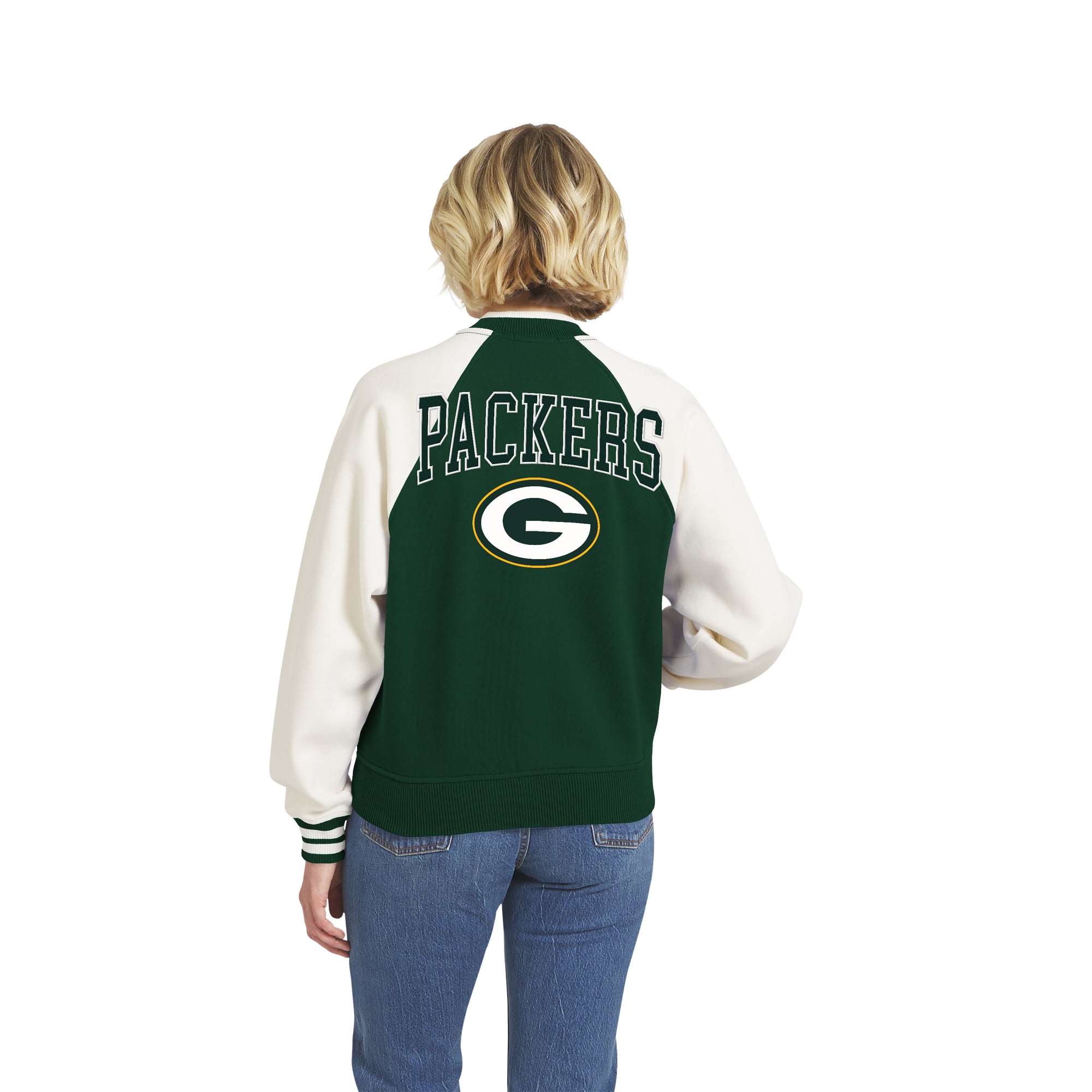 Women's WEAR by Erin Andrews Green Bay Packers Throwback Varsity Fleece Raglan Full-Zip Jacket