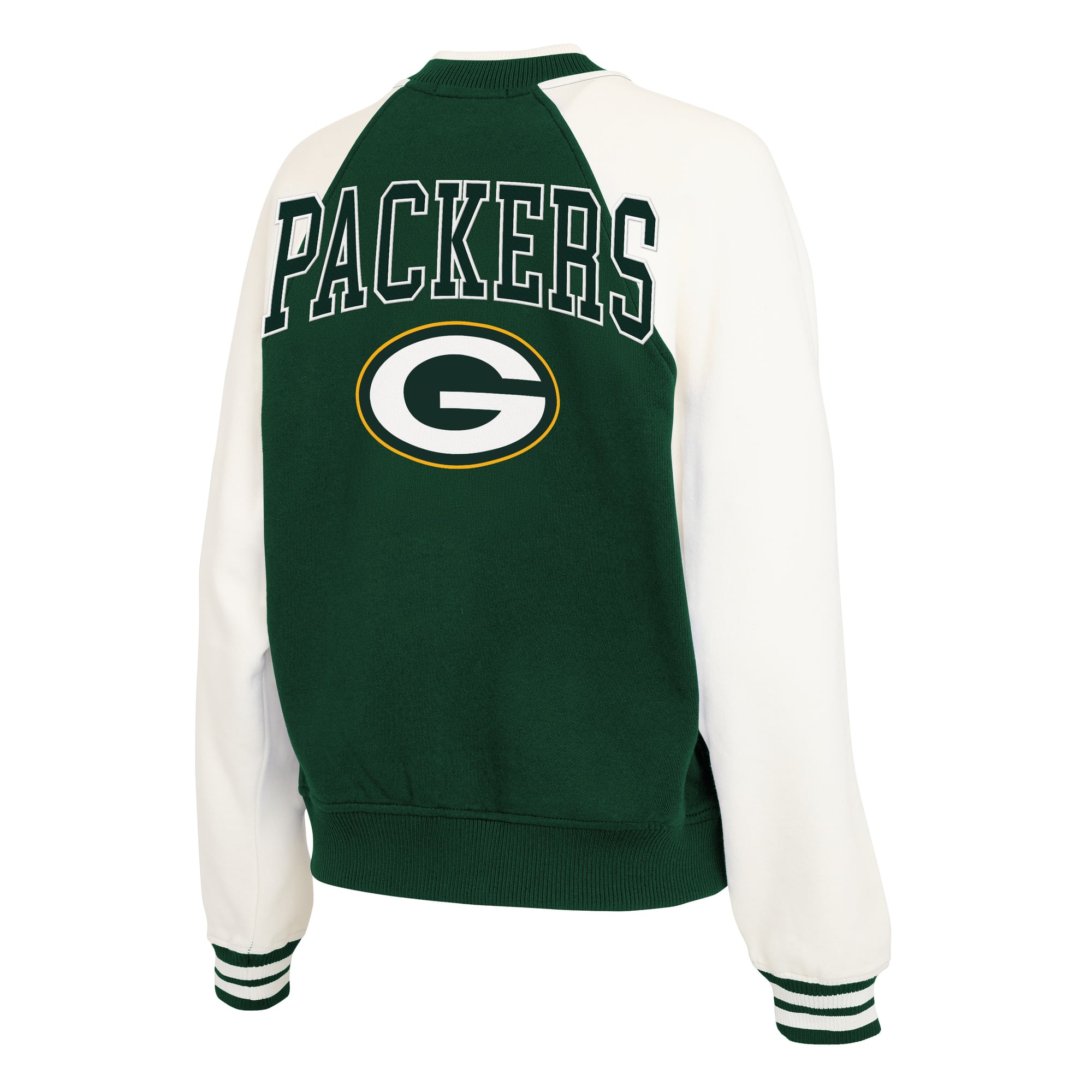 Women's WEAR by Erin Andrews Green Bay Packers Throwback Varsity Fleece Raglan Full-Zip Jacket