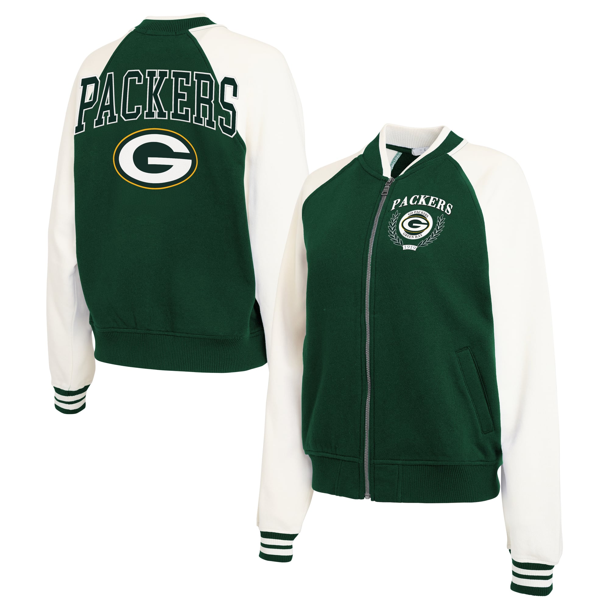 Women's WEAR by Erin Andrews Green/White Green Bay Packers Throwback Plus Fleece Varsity Full-Zip Jacket