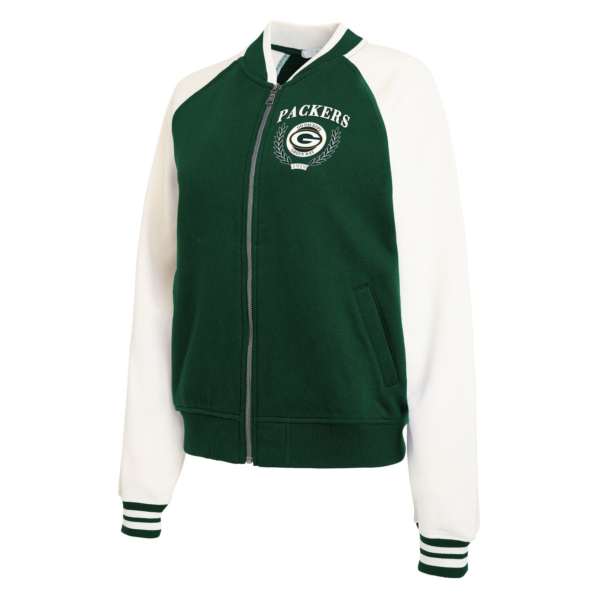 Women's WEAR by Erin Andrews Green/White Green Bay Packers Throwback Plus Fleece Varsity Full-Zip Jacket
