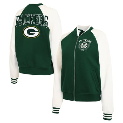 Green Bay Packers WEAR by Erin Andrews Women's Throwback Plus Size Fleece Varsity Full-Zip Jacket - Green/White