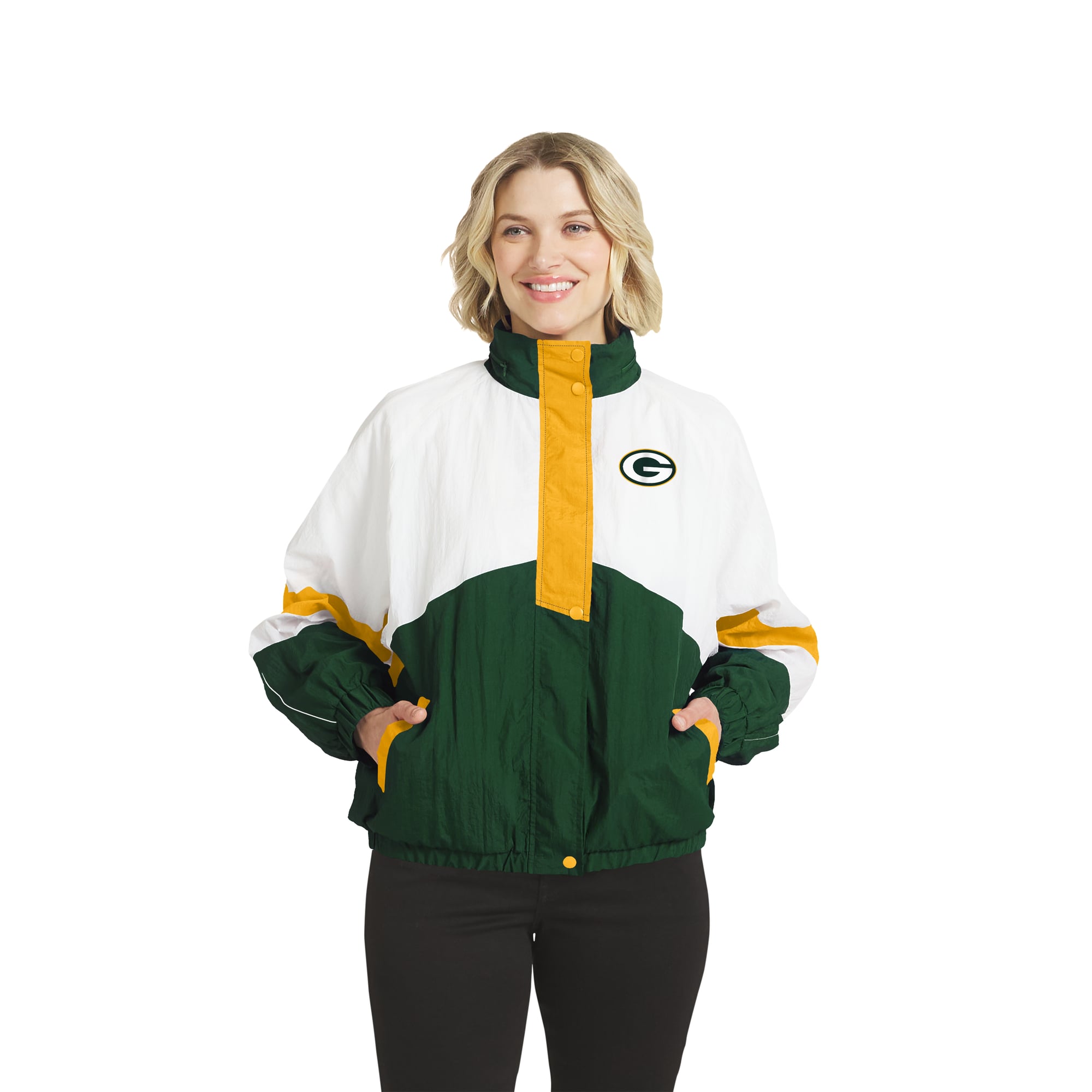 Women's WEAR by Erin Andrews White/Green Green Bay Packers Crinkle Full-Snap Hooded Windbreaker Jacket