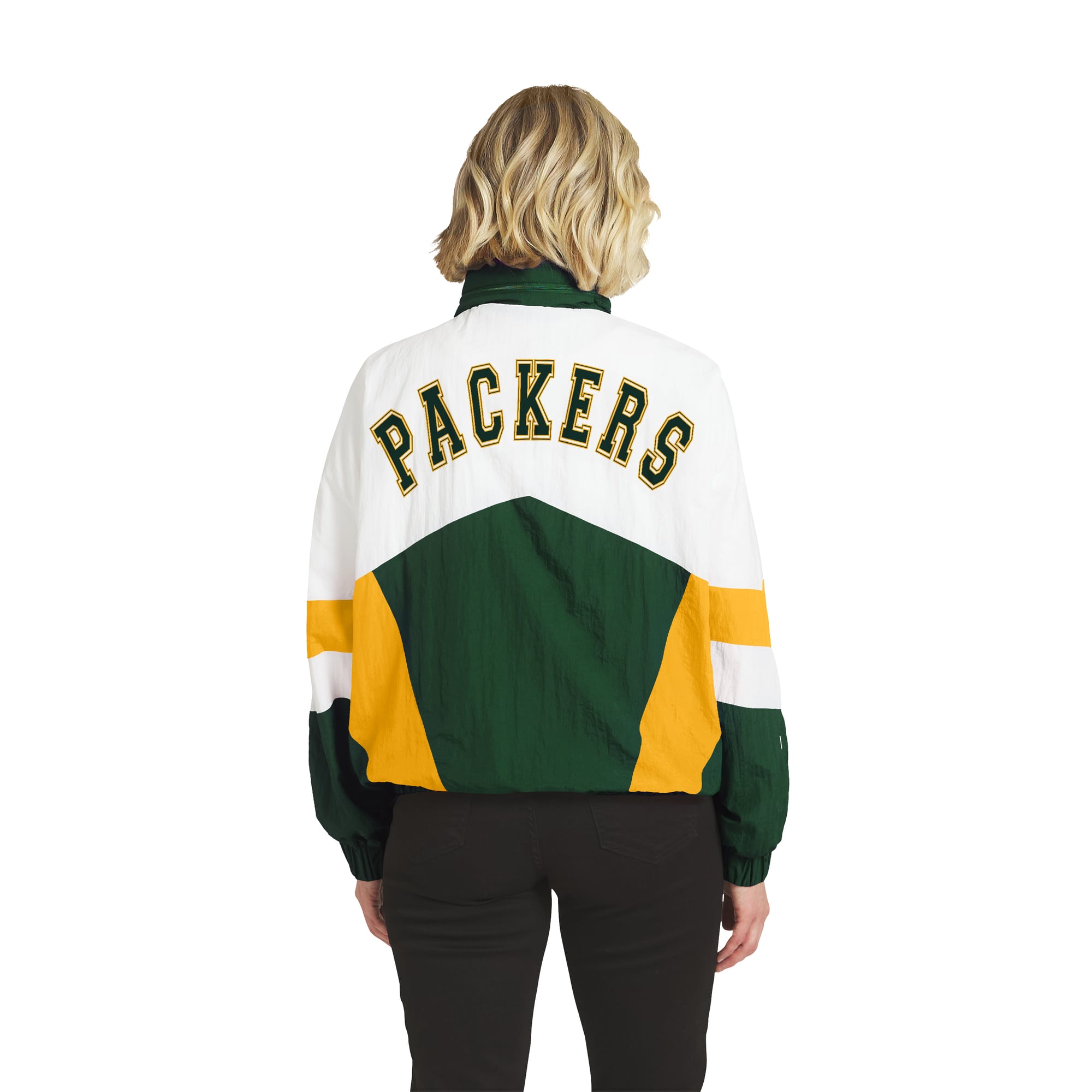 Women's WEAR by Erin Andrews White/Green Green Bay Packers Crinkle Full-Snap Hooded Windbreaker Jacket