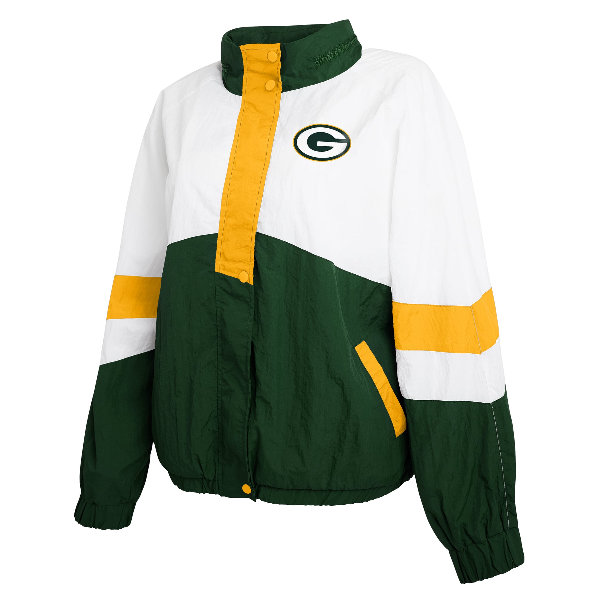 Women's WEAR by Erin Andrews White/Green Green Bay Packers Crinkle Full-Snap Hooded Windbreaker Jacket