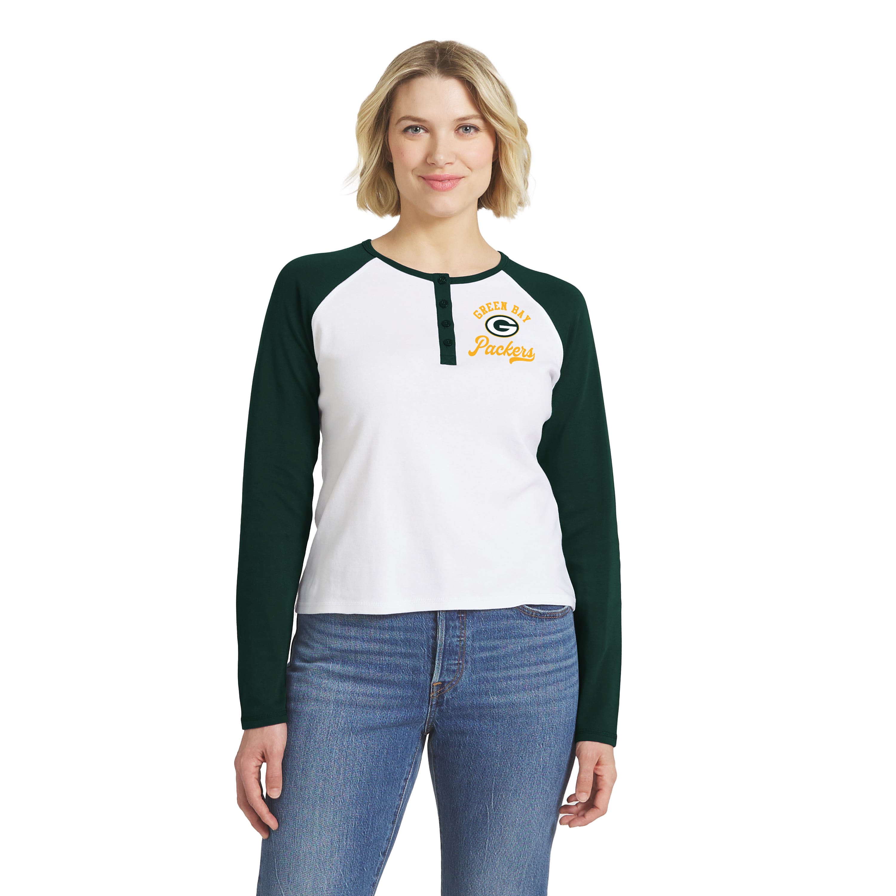 Women's WEAR by Erin Andrews White/Green Green Bay Packers Henley Long Sleeve Raglan T-Shirt