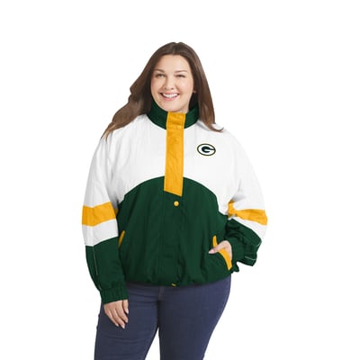  Green Bay Packers WEAR by Erin Andrews Women's Plus Size Crinkle Full-Snap Hooded Windbreaker - White/Green