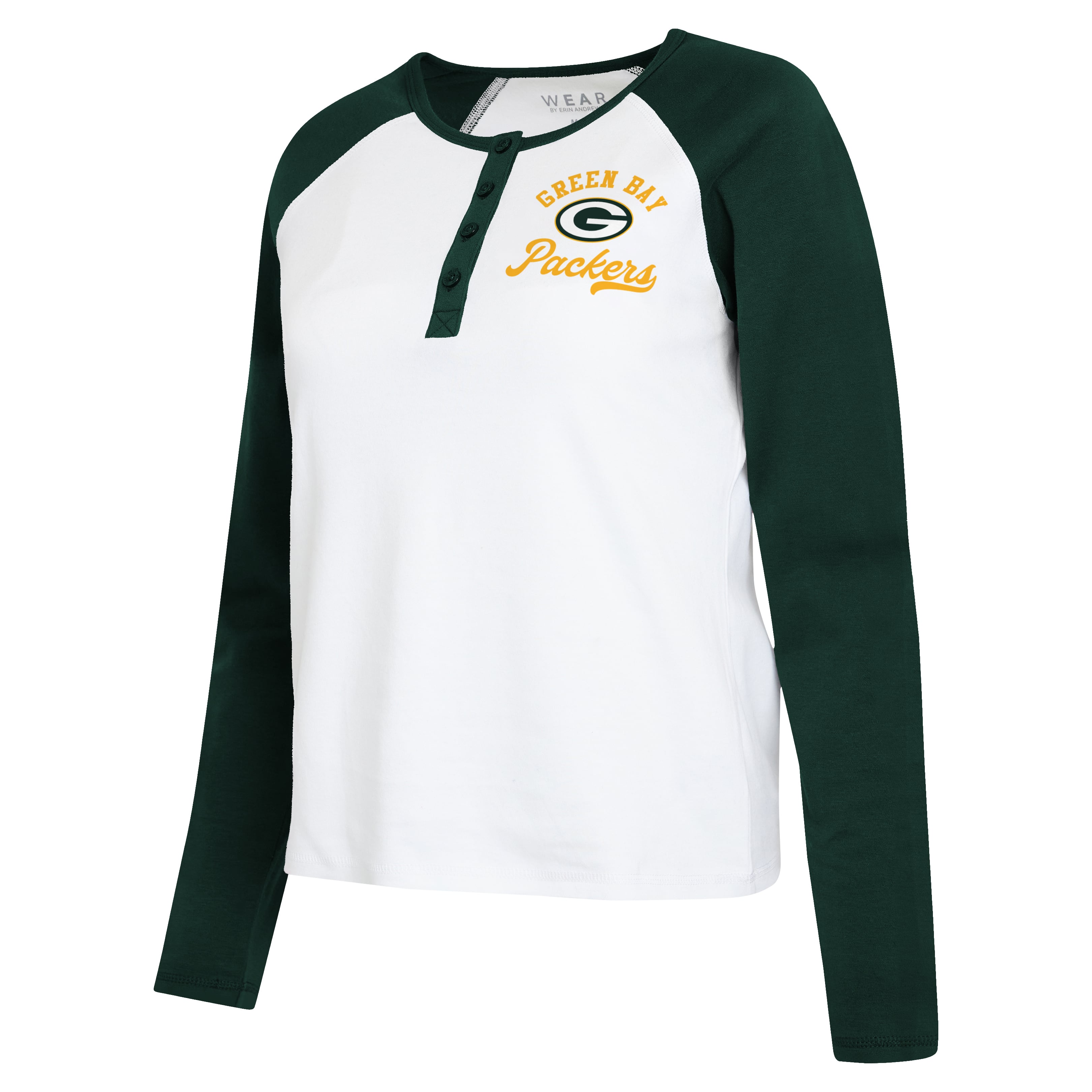 Women's WEAR by Erin Andrews White/Green Green Bay Packers Plus Henley Long Sleeve Raglan T-Shirt