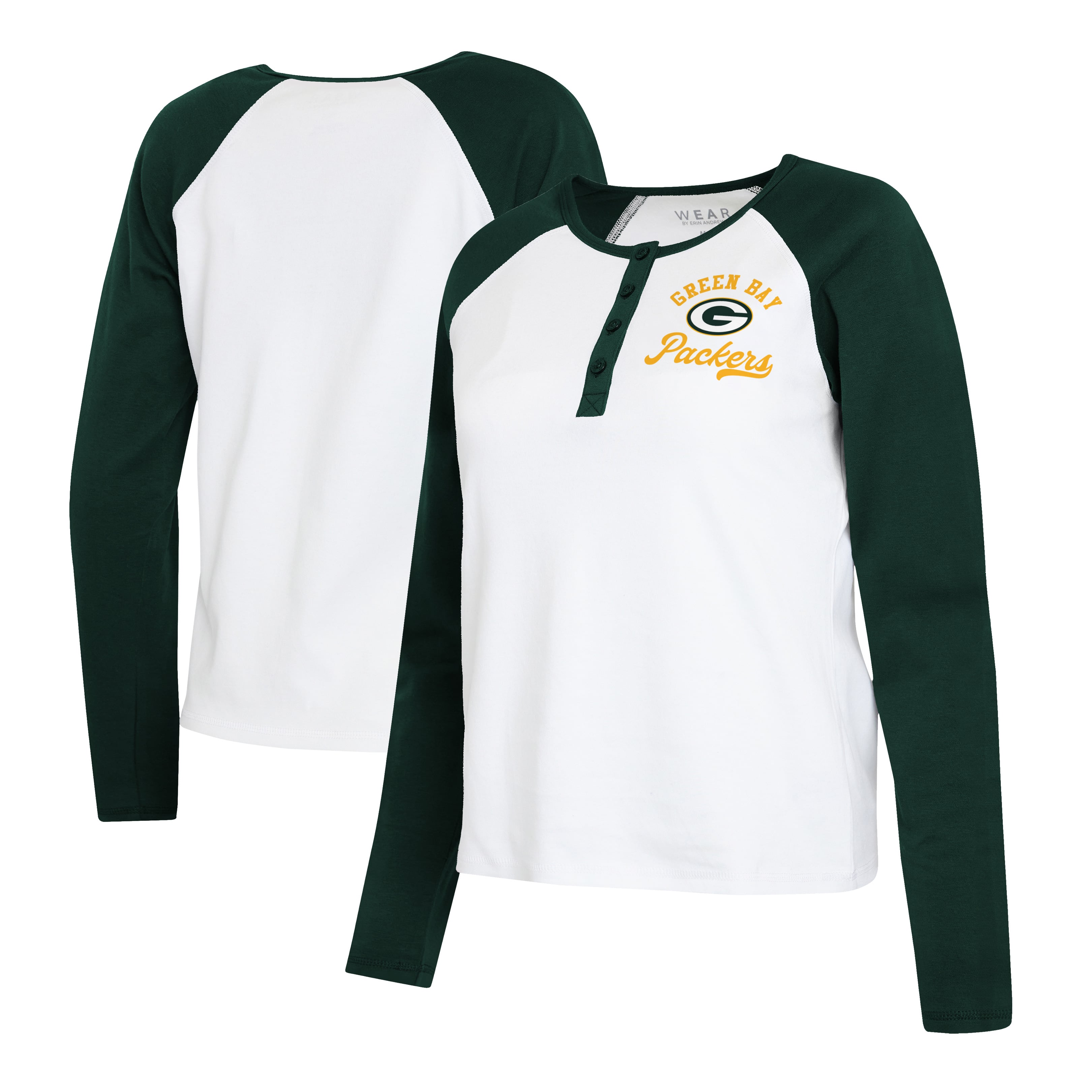 Women's WEAR by Erin Andrews White/Green Green Bay Packers Plus Henley Long Sleeve Raglan T-Shirt