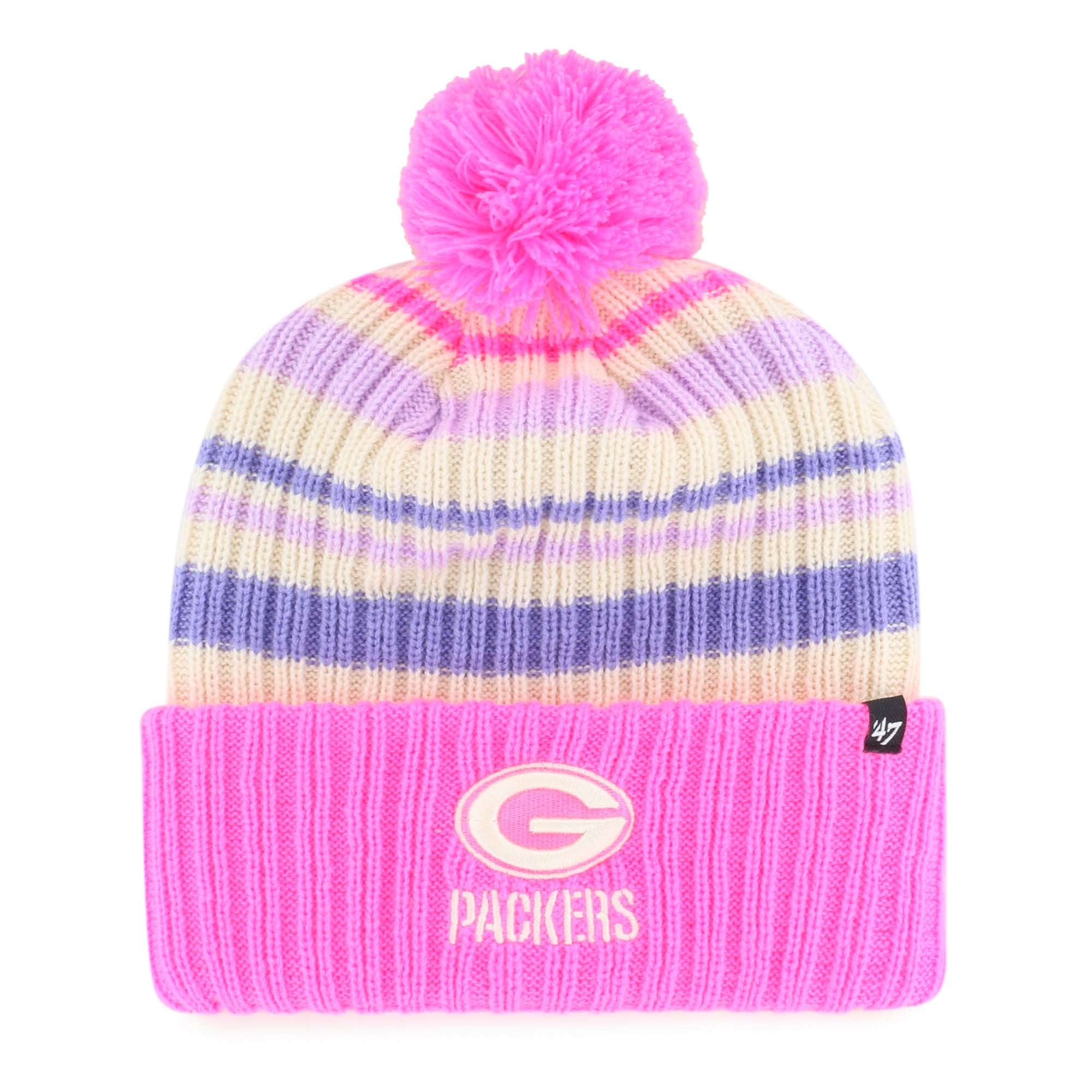 Bonnet tricoté à revers Snow Fort rose Green Bay Packers pour enfant, modèle '47, avec pompon