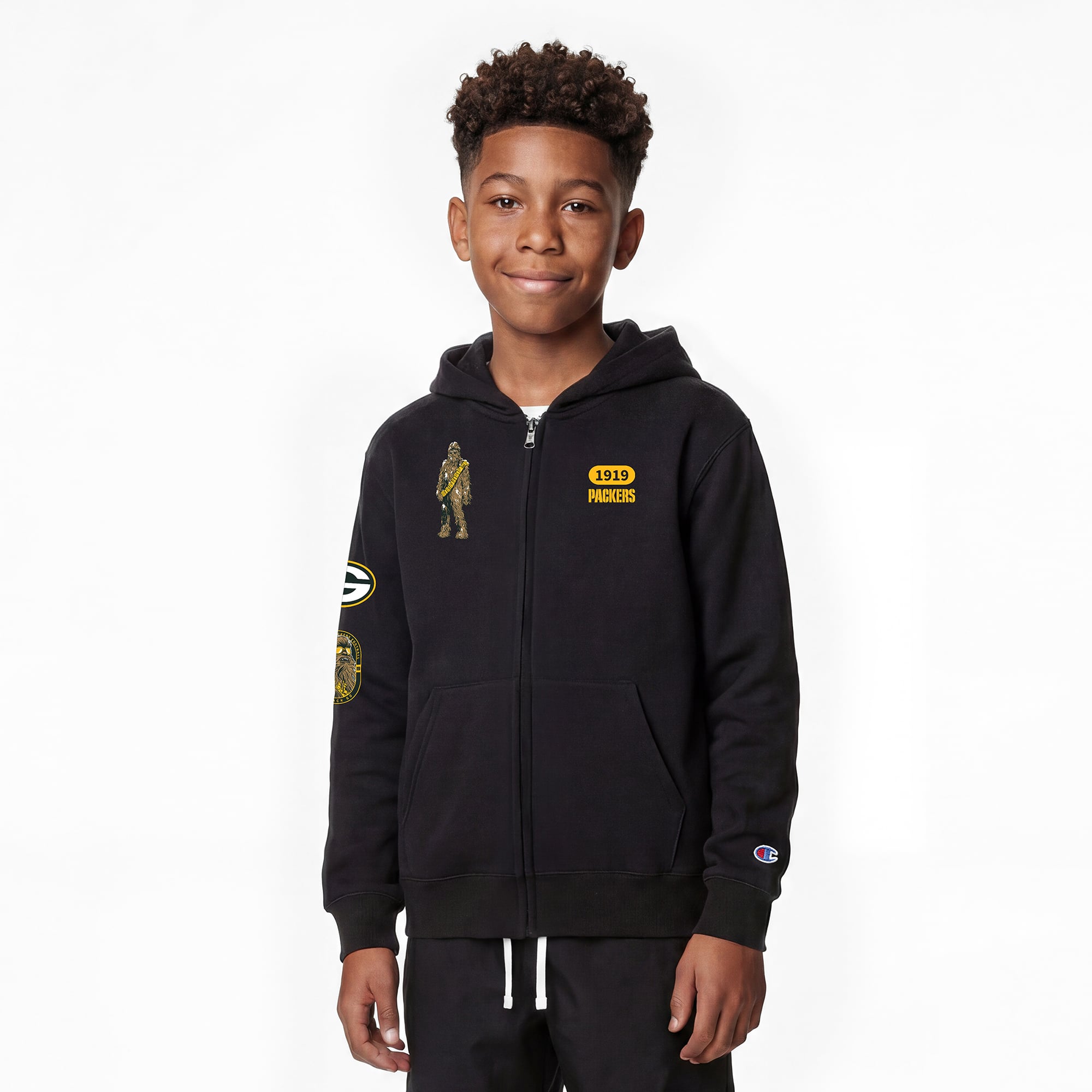Youth Disney x Champion Black Green Bay Packers Chewbacca Full-Zip Hoodie