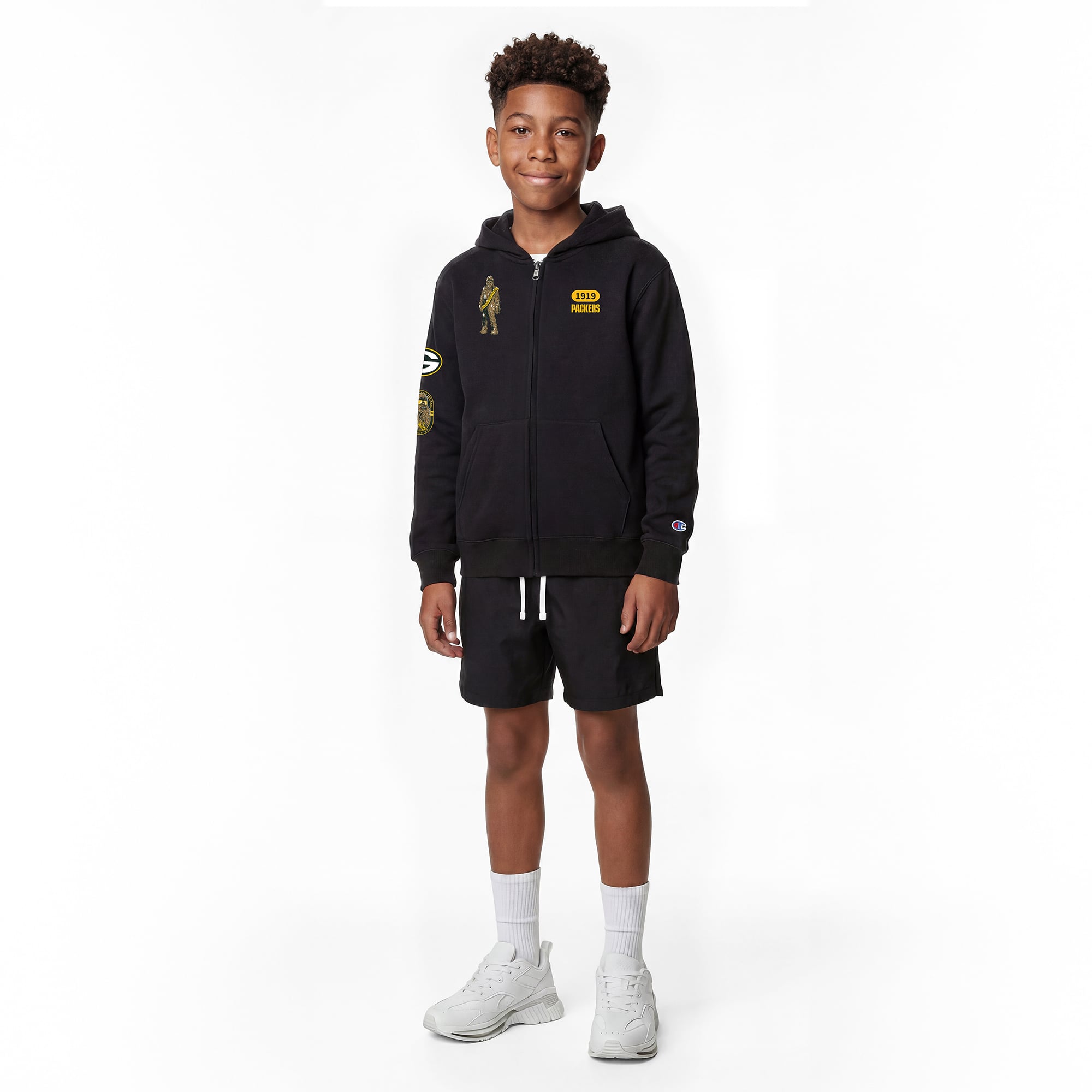 Youth Disney x Champion Black Green Bay Packers Chewbacca Full-Zip Hoodie