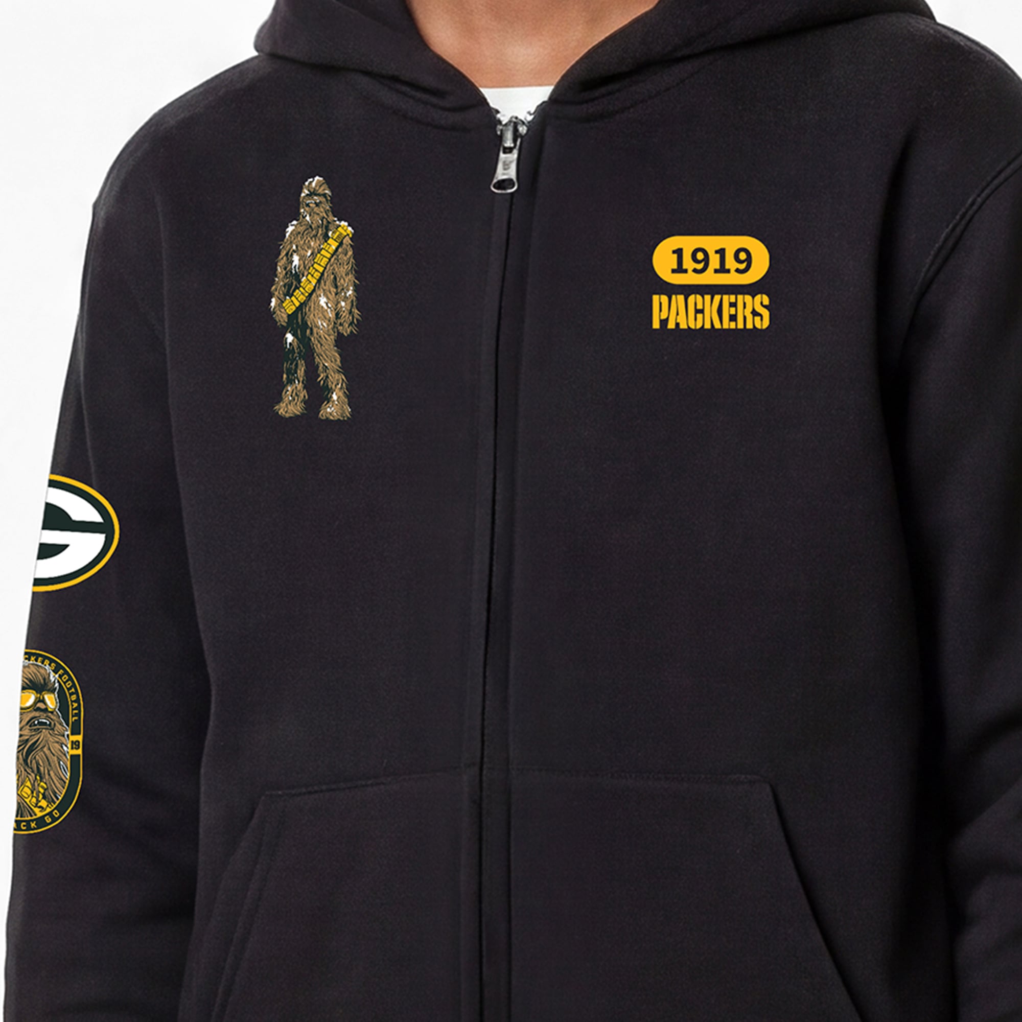 Youth Disney x Champion Black Green Bay Packers Chewbacca Full-Zip Hoodie