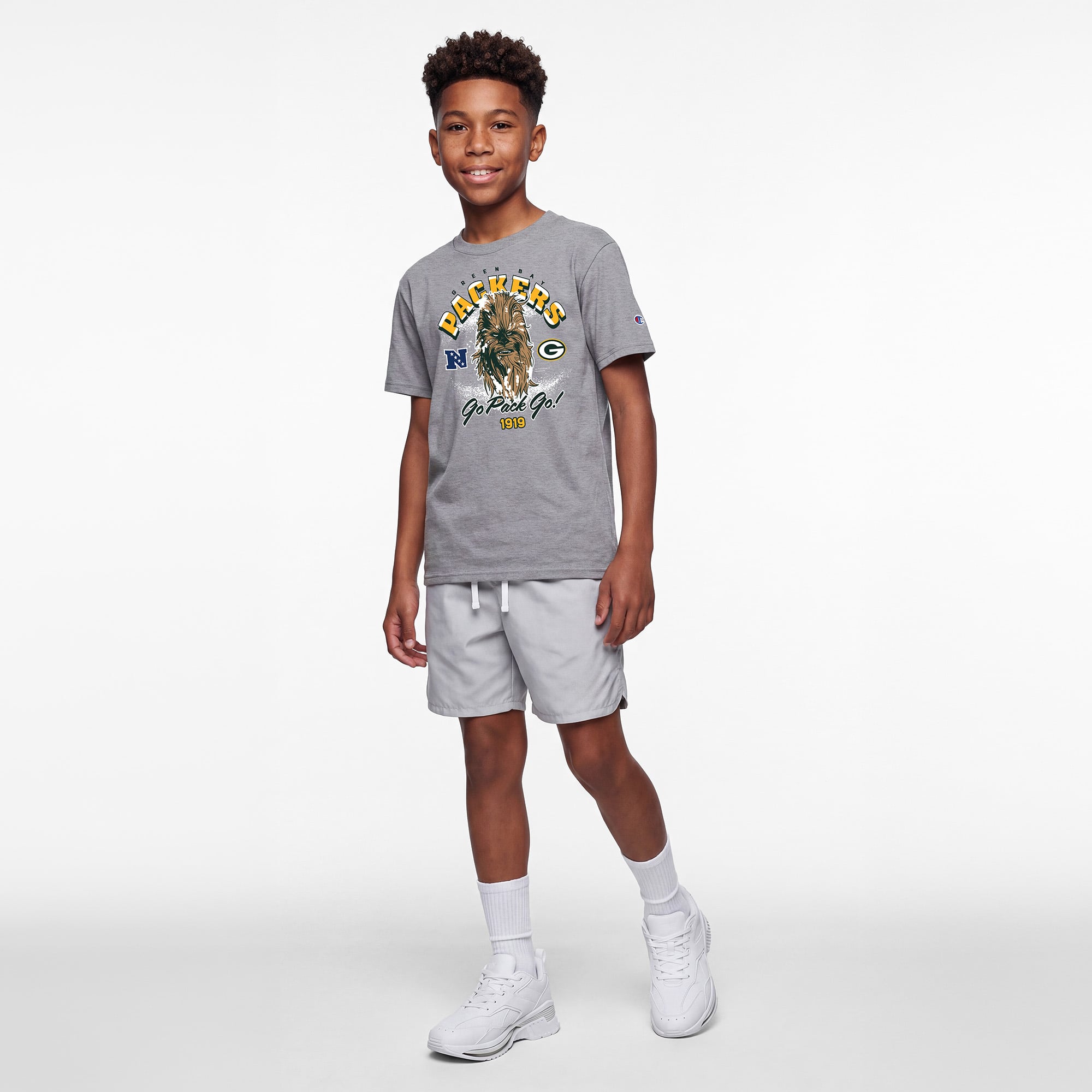 Youth Disney x Champion Heather Gray Green Bay Packers Chewbacca T-Shirt