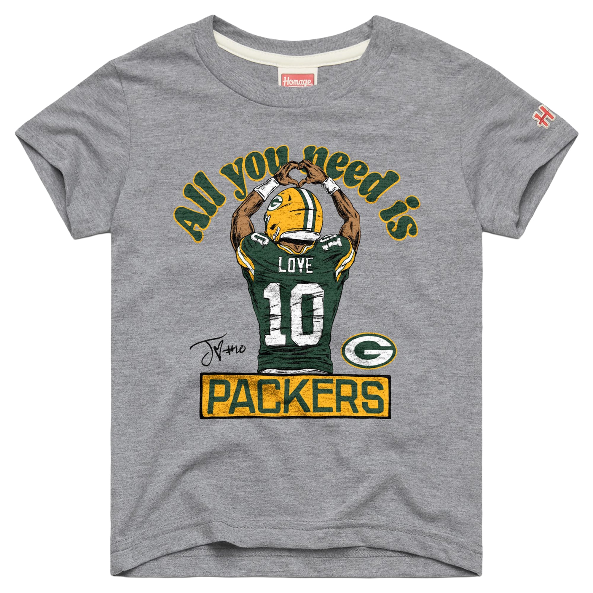 T-shirt à motif graphique Jordan Love, joueur des Green Bay Packers, gris, pour jeunes.