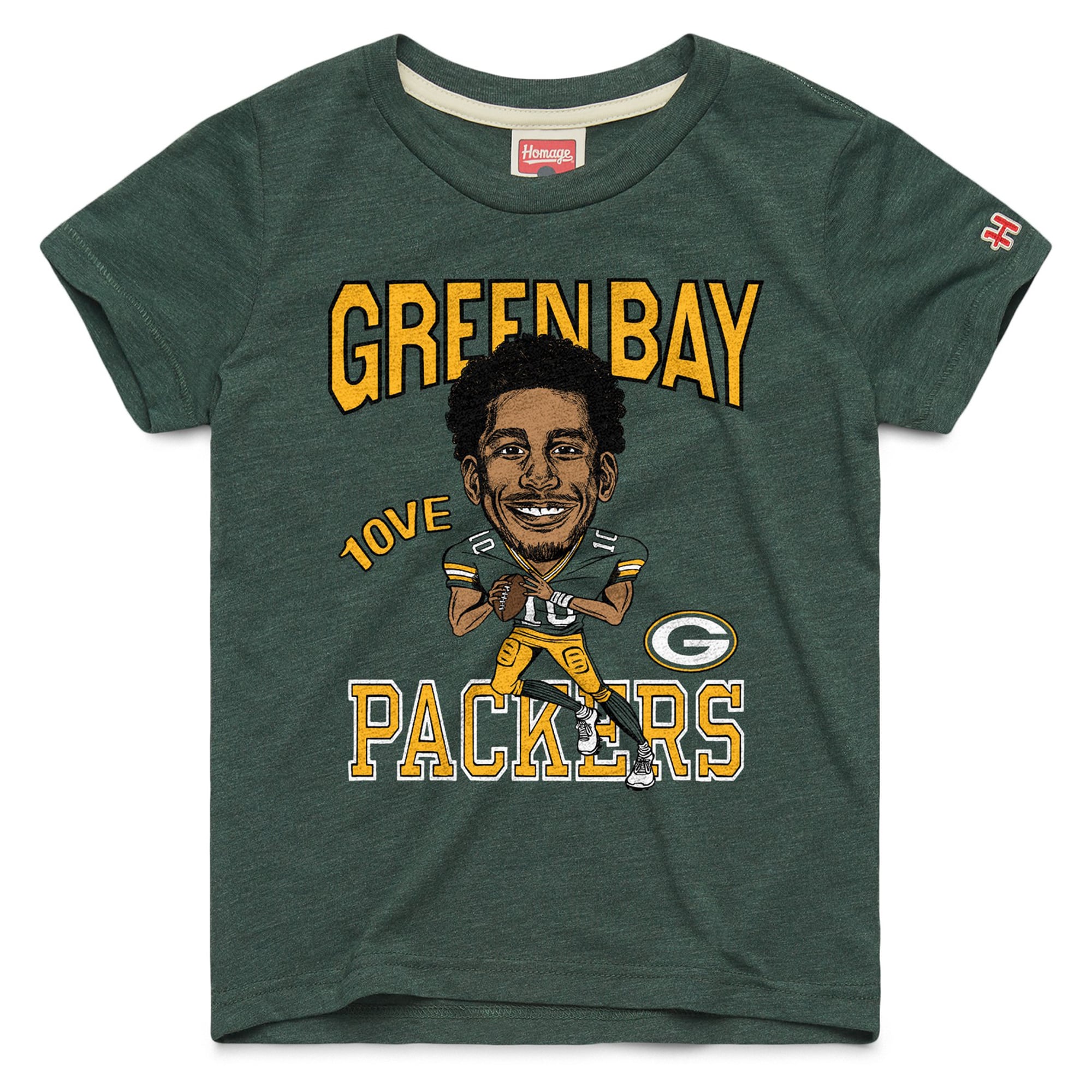 T-shirt caricature Jordan Love Green des Bay Packers pour jeunes