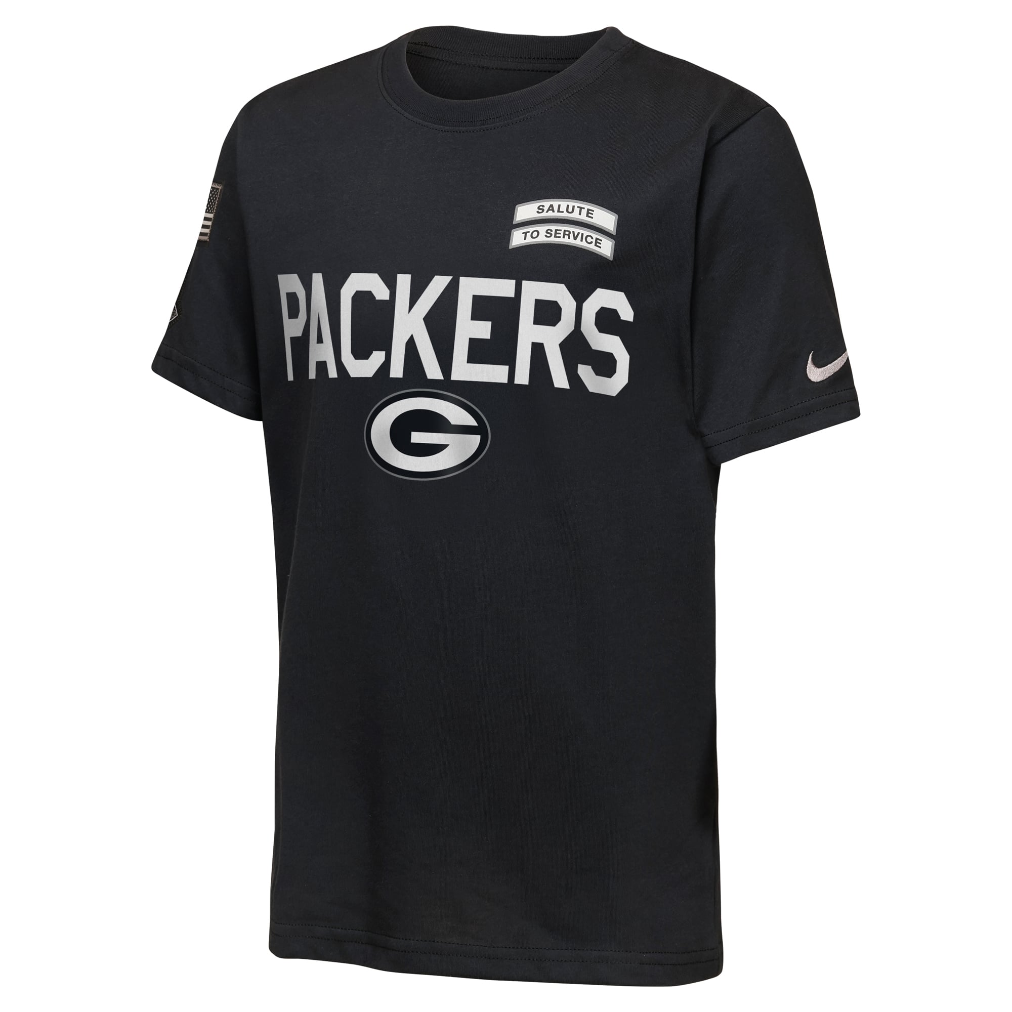 T-shirt Nike Green Bay Packers noir pour jeunes, édition spéciale 2026 « Salute to Service », technologie Dri-FIT.