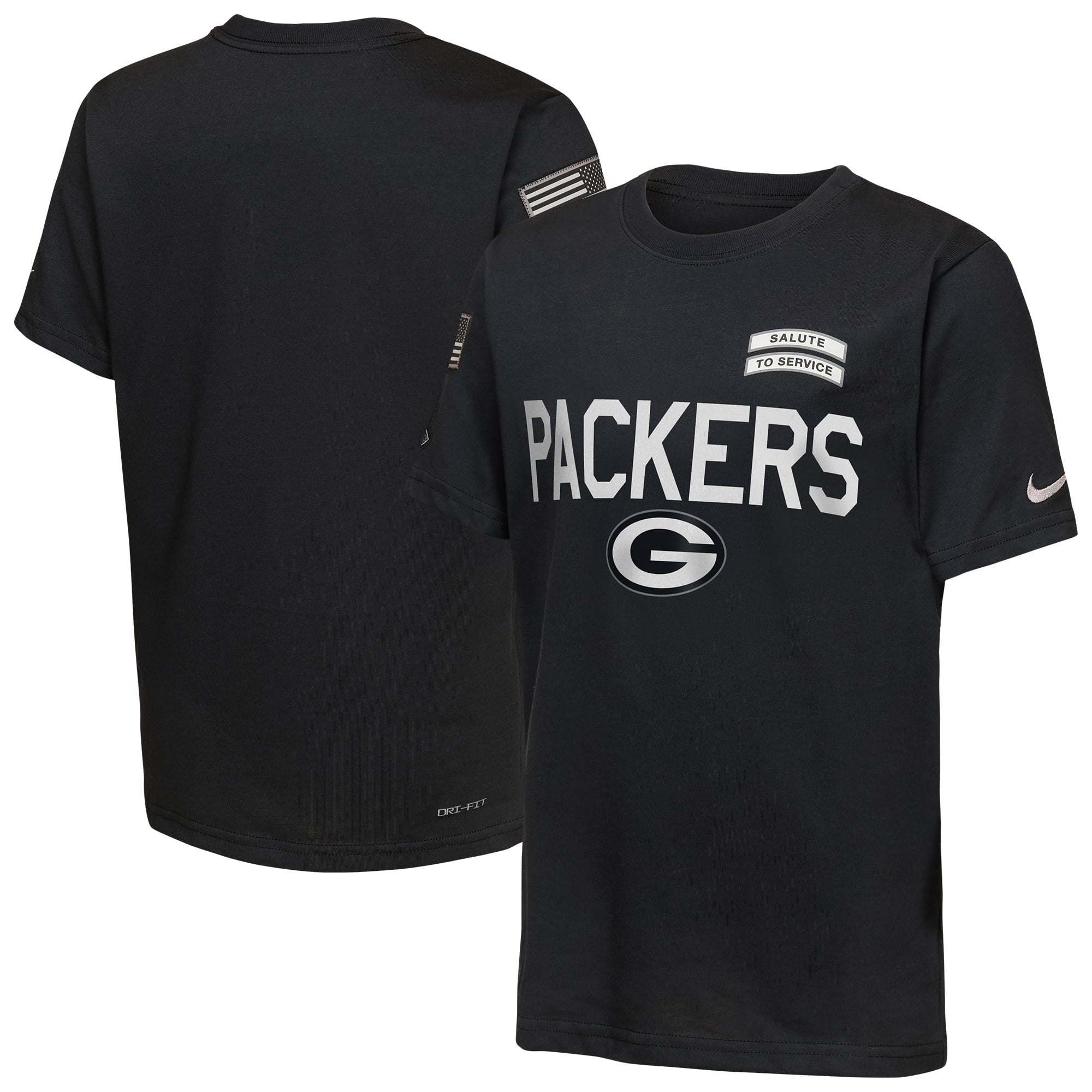 T-shirt Nike Green Bay Packers noir pour jeunes, édition spéciale 2026 « Salute to Service », technologie Dri-FIT.