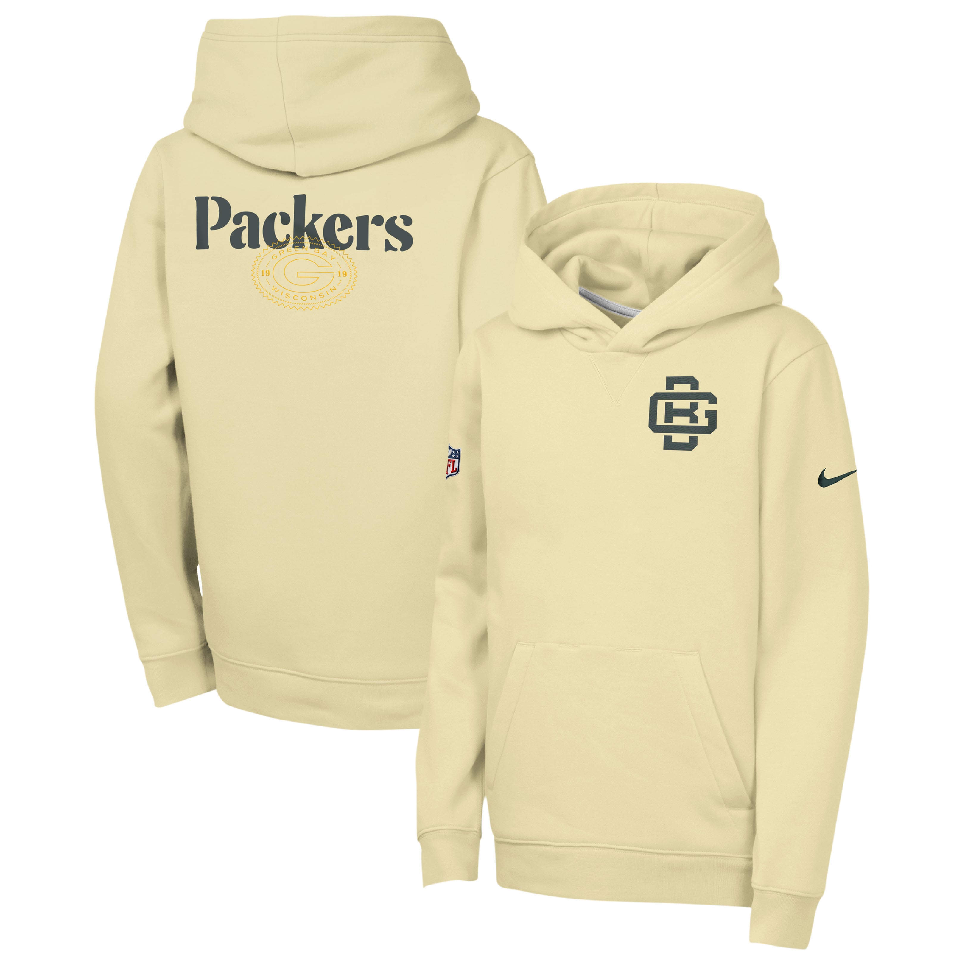Youth Nike Cream Green Bay Packers 2026 Rivalries Collection Sideline Club Fleece Pullover Hoodie