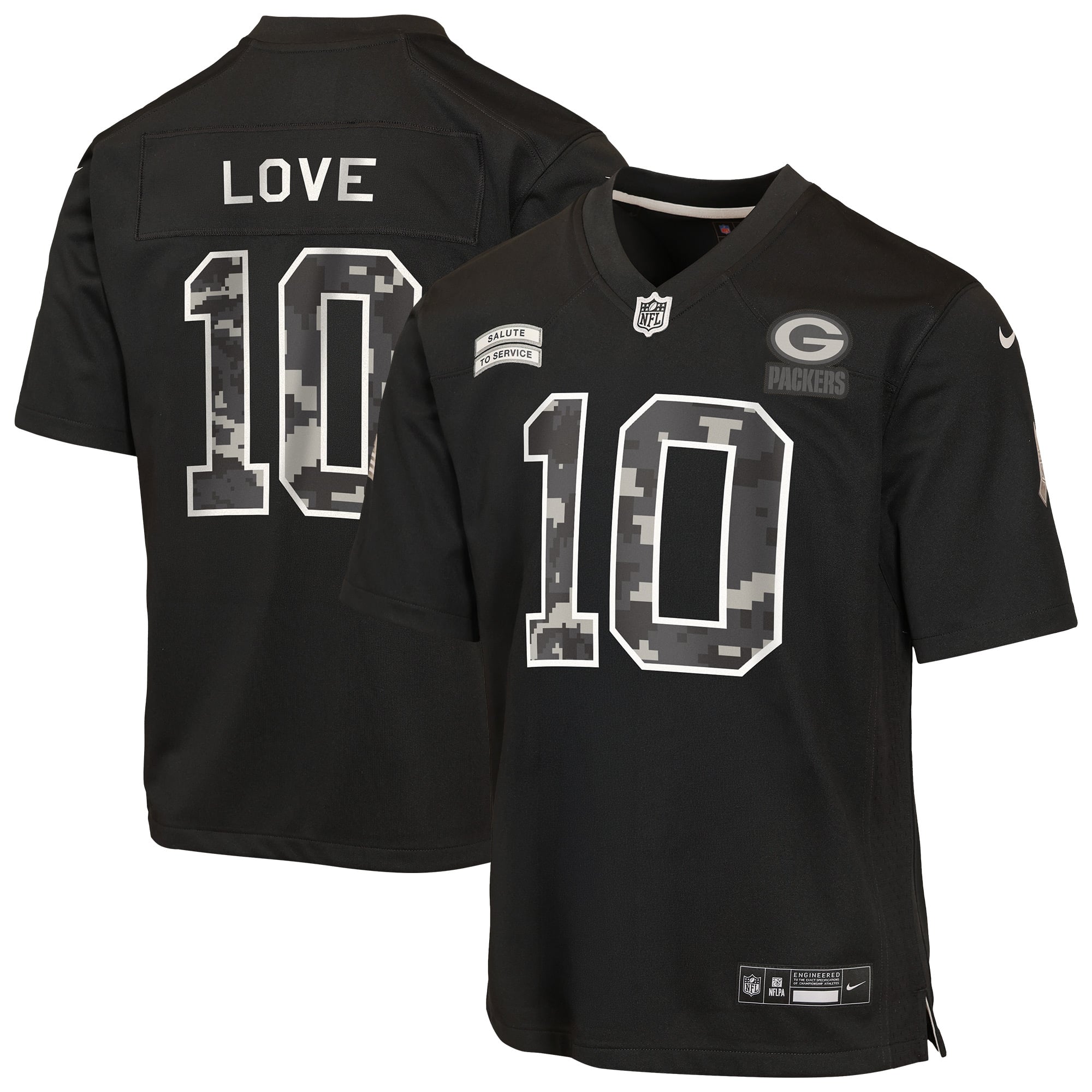 Maillot Nike Jordan Love noir Green Bay Packers 2026 Salute to Service pour jeunes