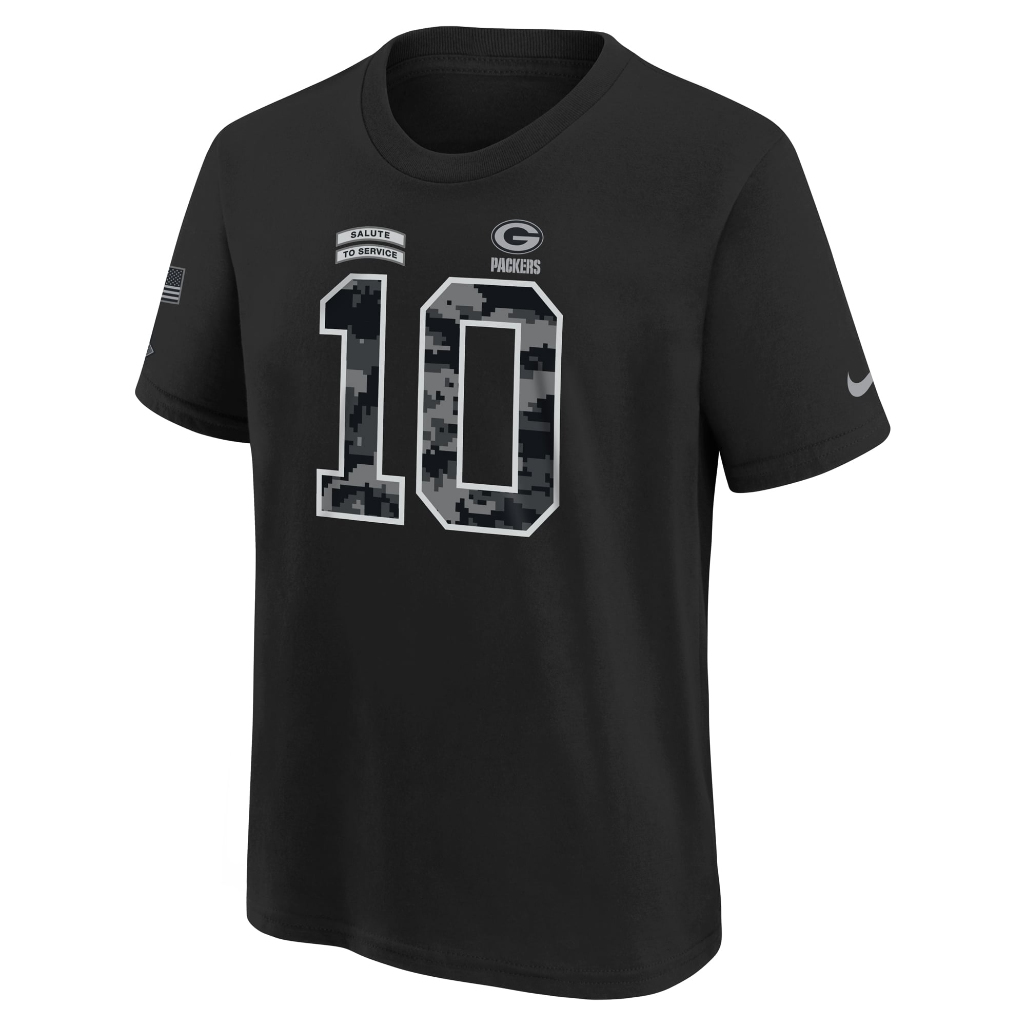 T-shirt Nike Jordan Love noir Green Bay Packers 2026 Salute to Service pour jeunes, nom et numéro