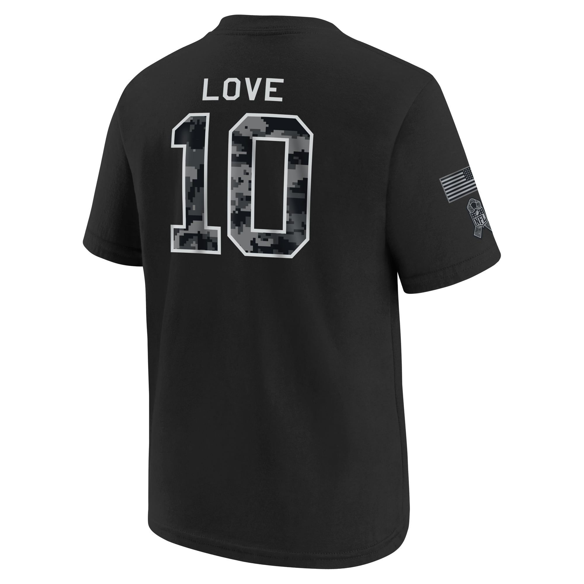 T-shirt Nike Jordan Love noir Green Bay Packers 2026 Salute to Service pour jeunes, nom et numéro