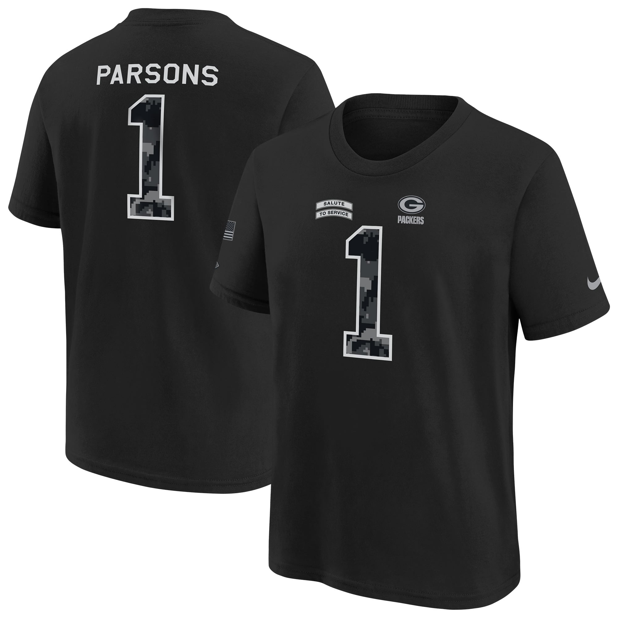T-shirt Nike Micah Parsons noir Green Bay Packers 2026 Salute to Service pour jeunes (nom et numéro)