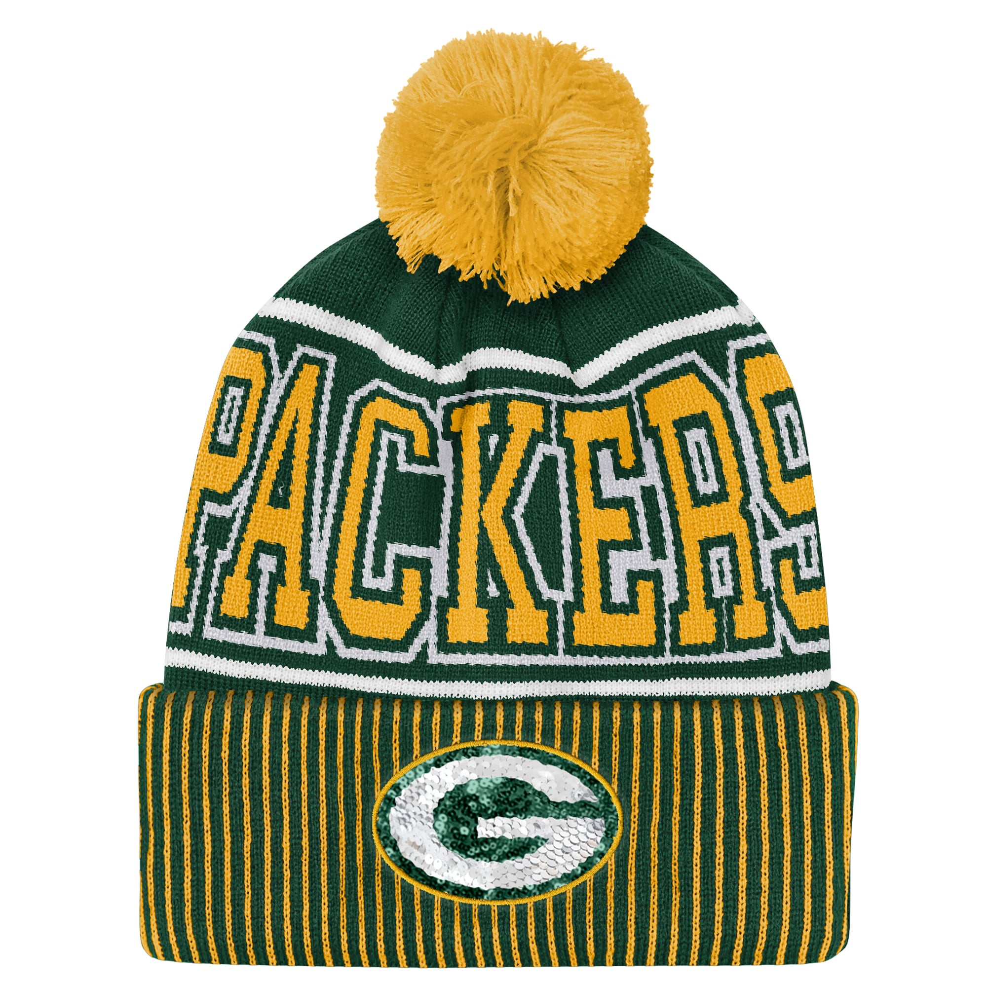 Bonnet tricoté à revers avec pompon, modèle Green Bay Packers Highlight vert pour enfant de la marque Outerstuff.