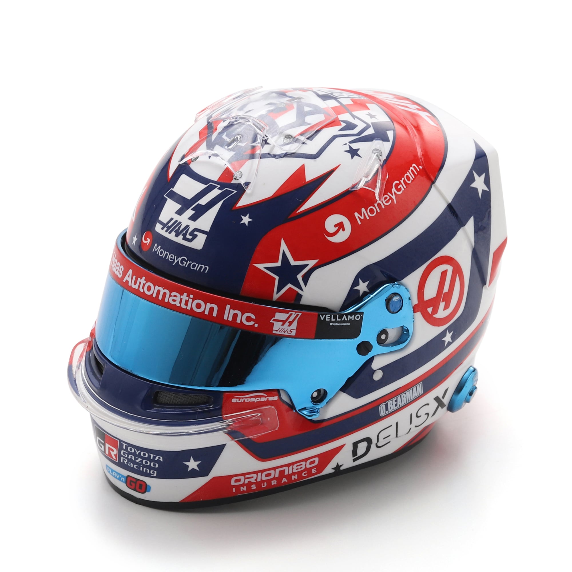 Casque miniature à l'échelle d'Ollie Bearman, écurie Haas F1, Grand Prix des États-Unis 2025, par Spark Models