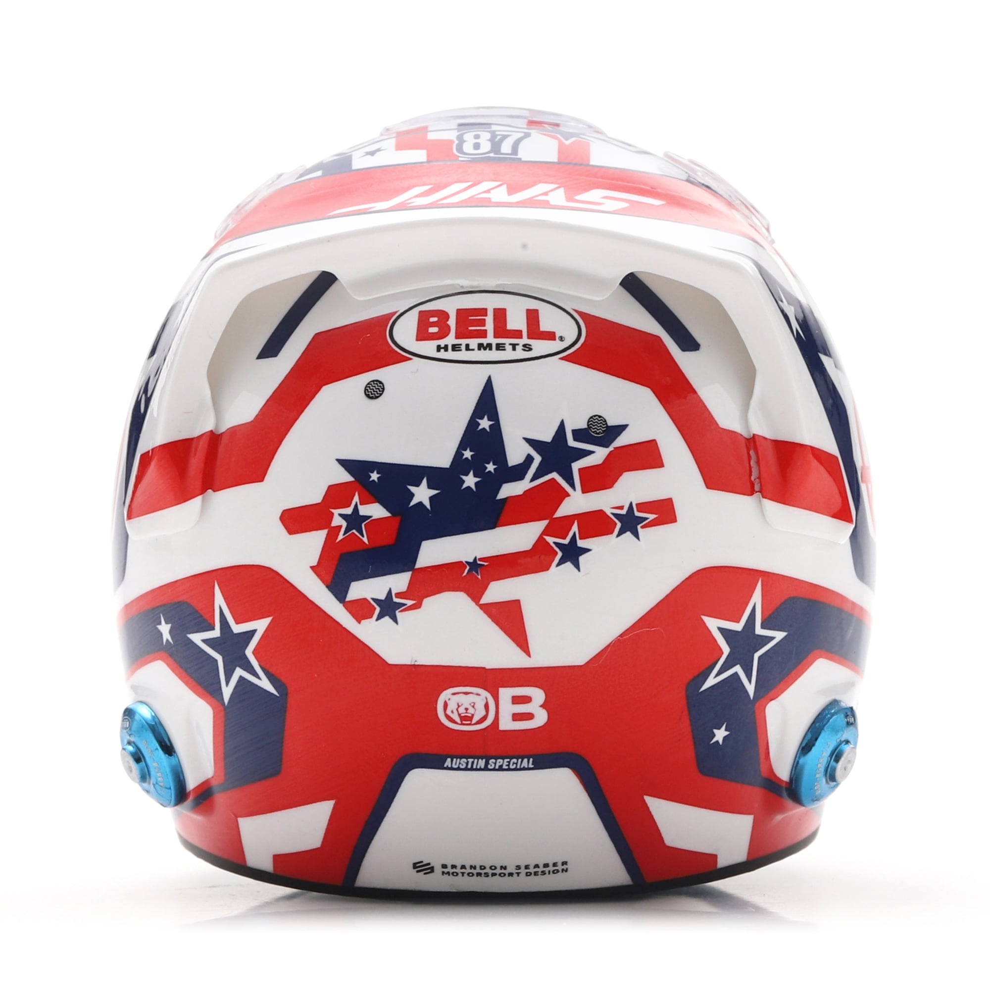 Casque miniature à l'échelle d'Ollie Bearman, écurie Haas F1, Grand Prix des États-Unis 2025, par Spark Models