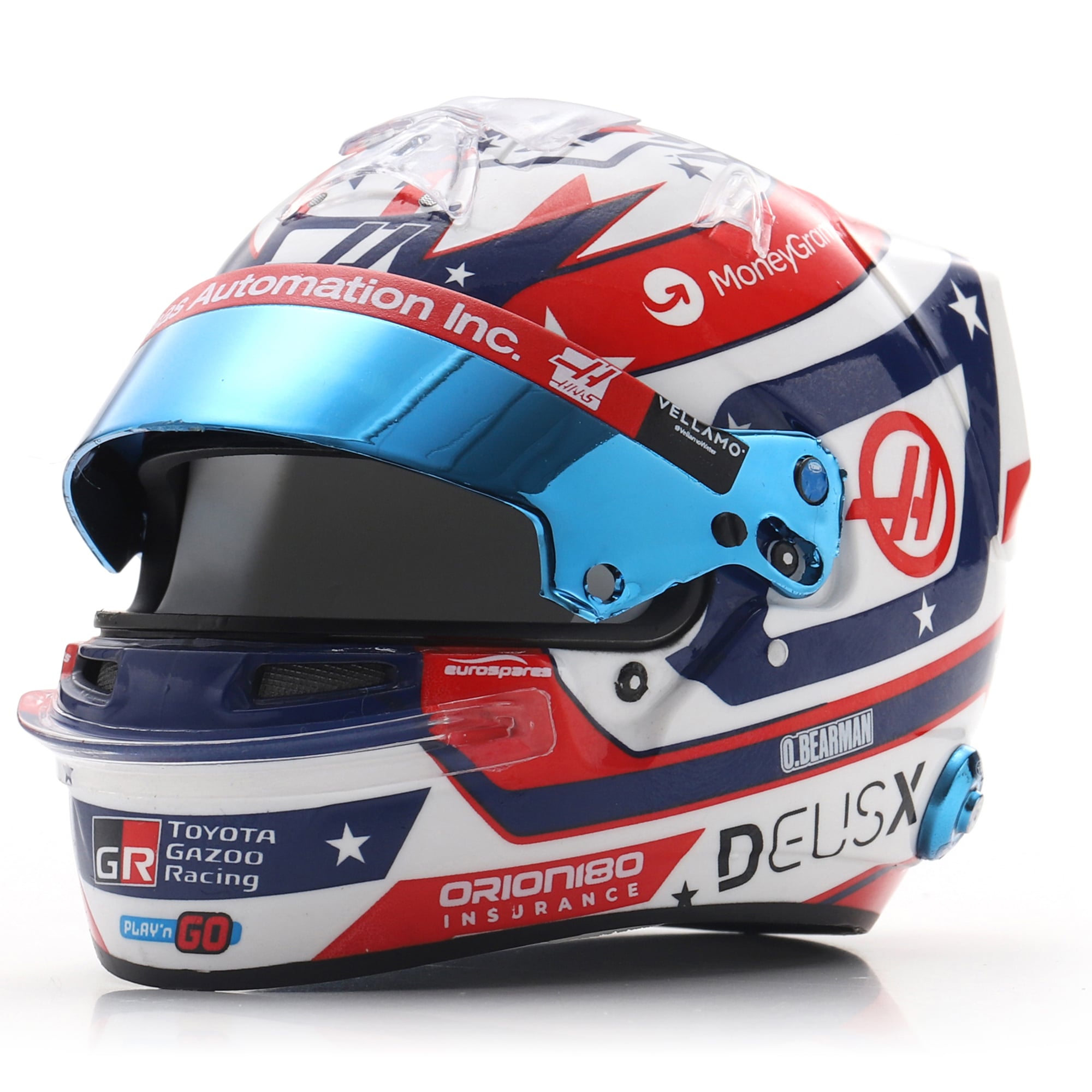 Casque miniature à l'échelle d'Ollie Bearman, écurie Haas F1, Grand Prix des États-Unis 2025, par Spark Models