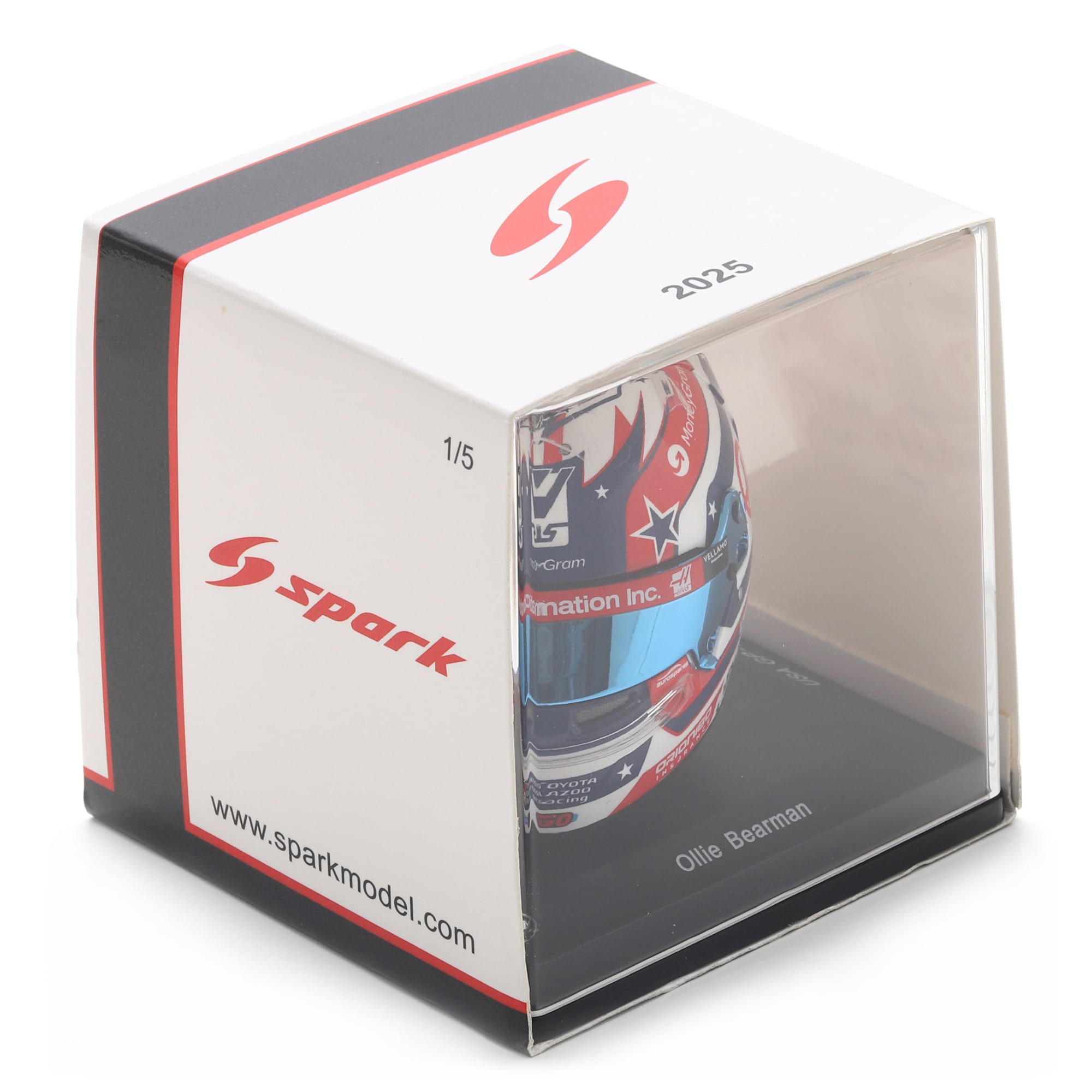 Casque miniature à l'échelle d'Ollie Bearman, écurie Haas F1, Grand Prix des États-Unis 2025, par Spark Models